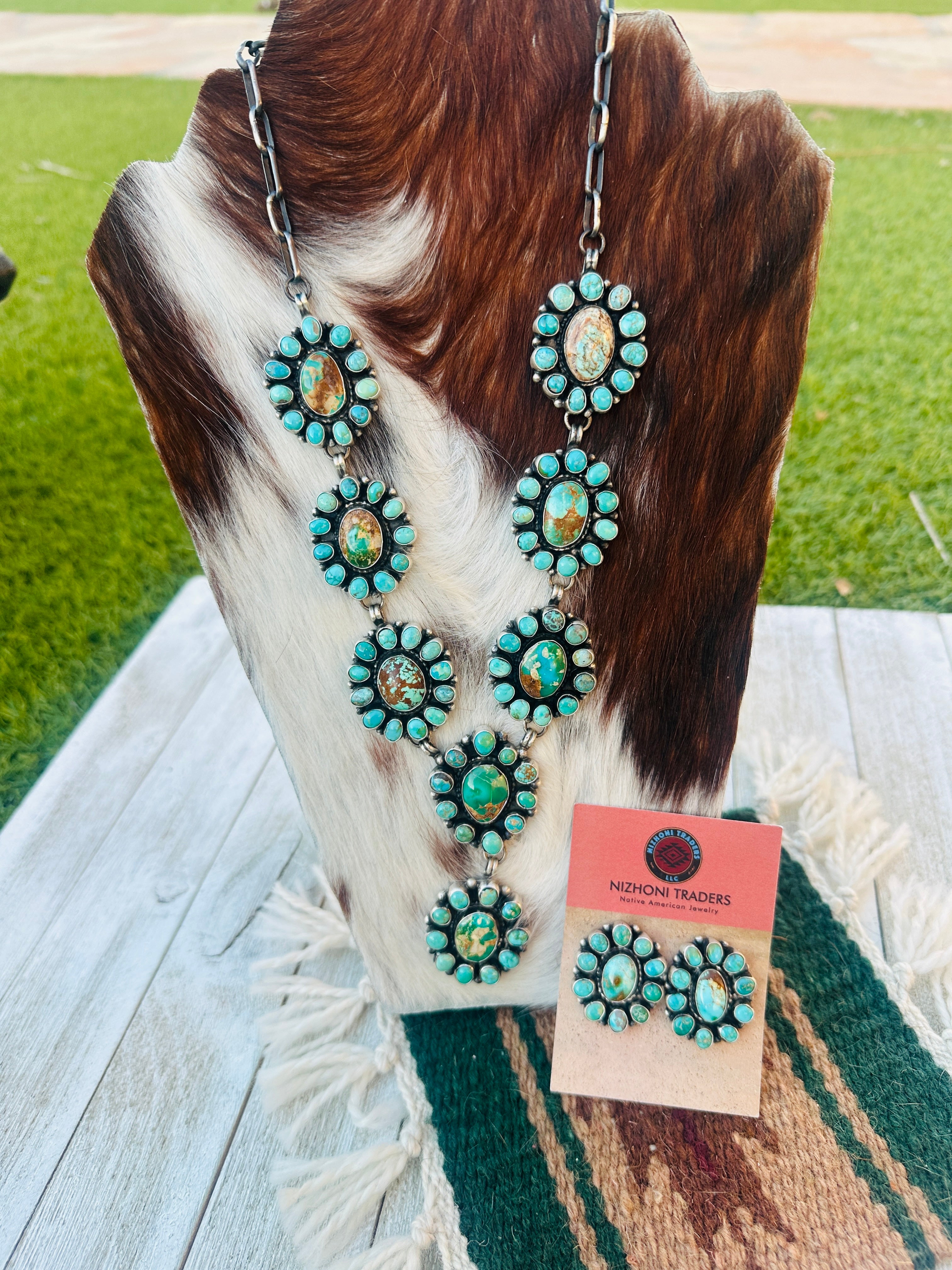 Handcrafted Royston Turquoise & Sterling Silver Necklace and Earring Set by Sheila Becenti