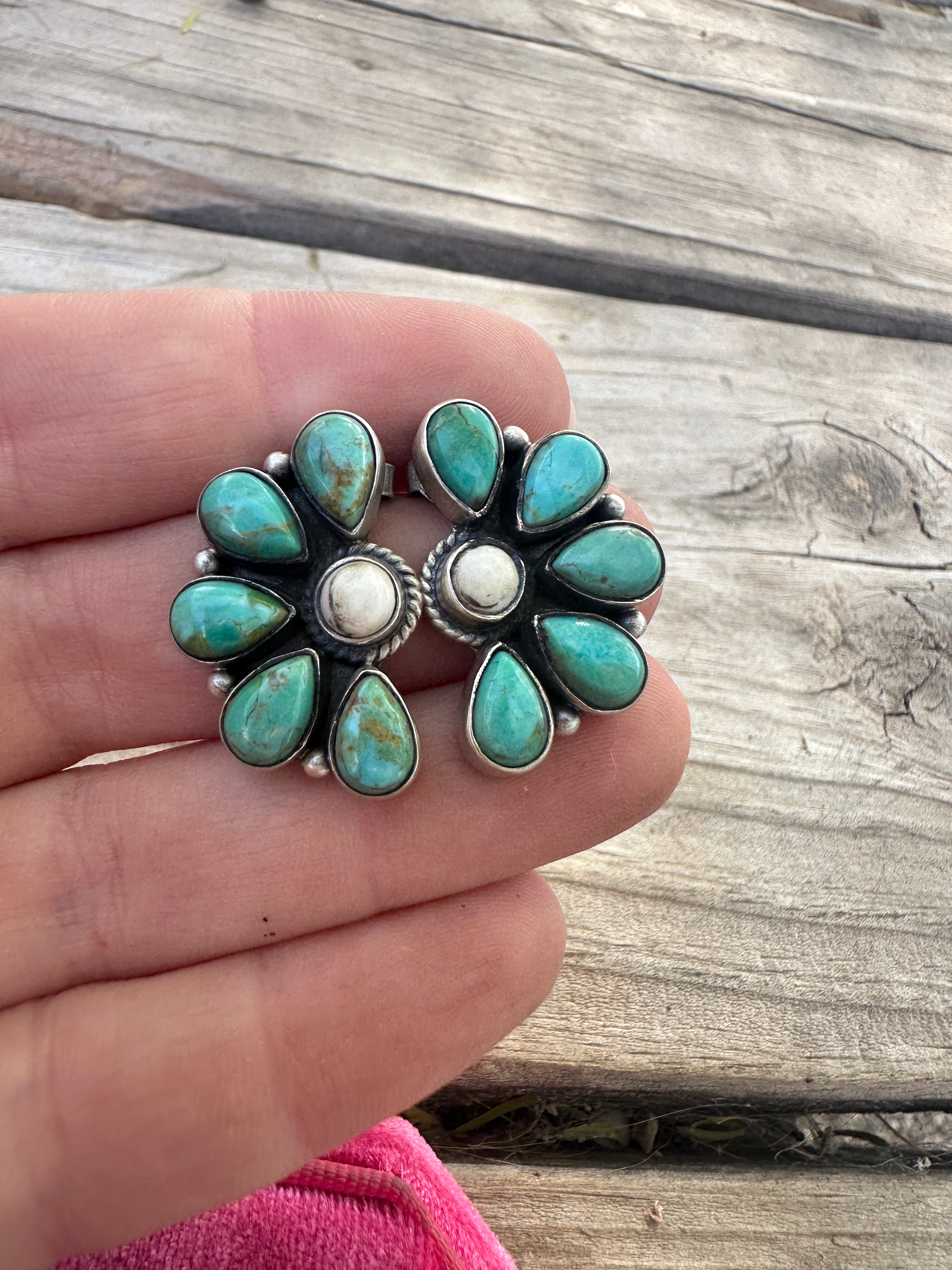 Handmade White Buffalo, Turquoise & Sterling Silver Cluster Crescent Post Earrings