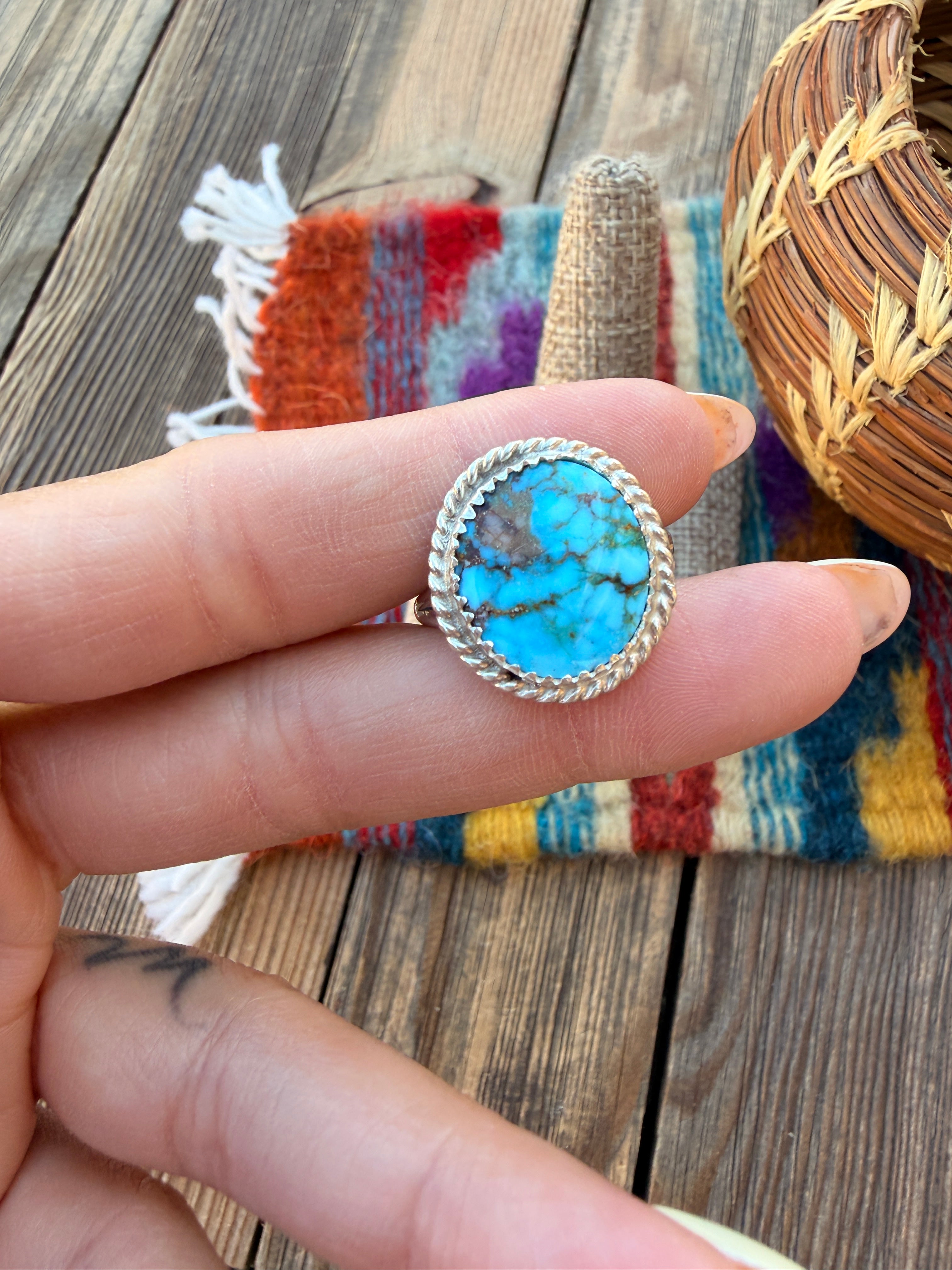 Handcrafted Turquoise & Sterling Silver Ring Size 9.75