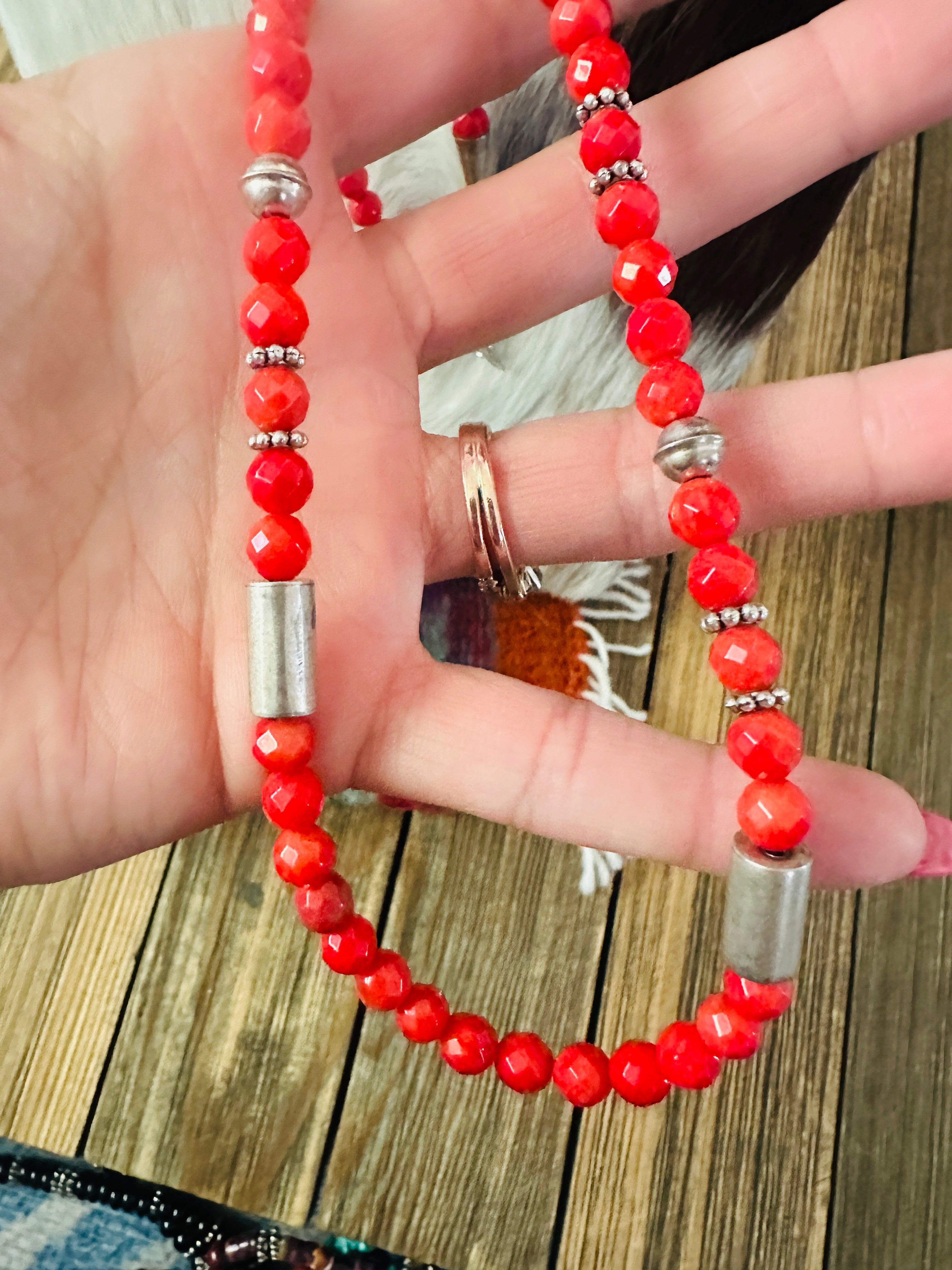 Handcrafted Red Agate & Sterling Silver Beaded 18” Necklace by T & R Singer