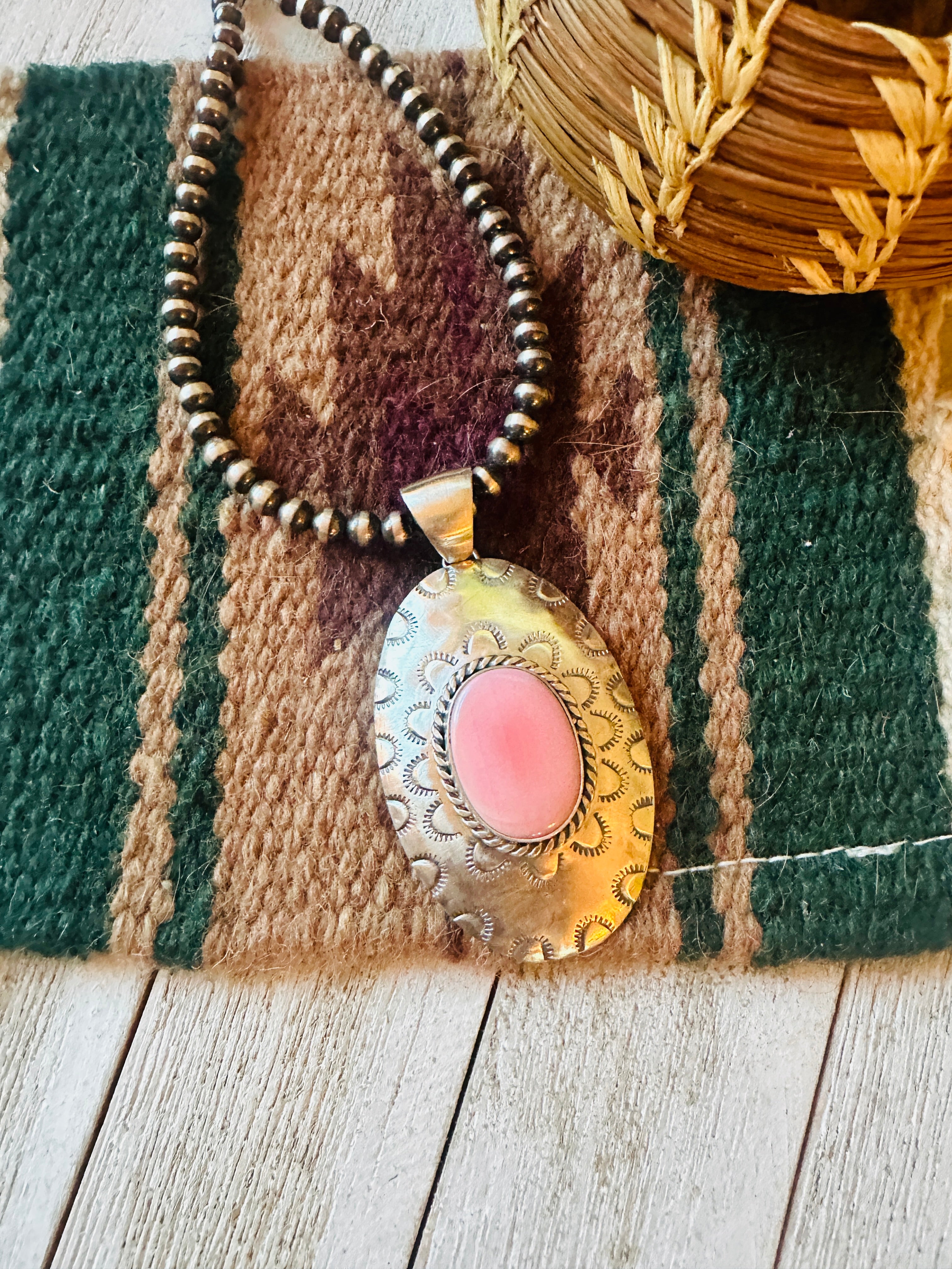 Navajo Queen Pink Conch Shell & Sterling Silver Concho Pendant