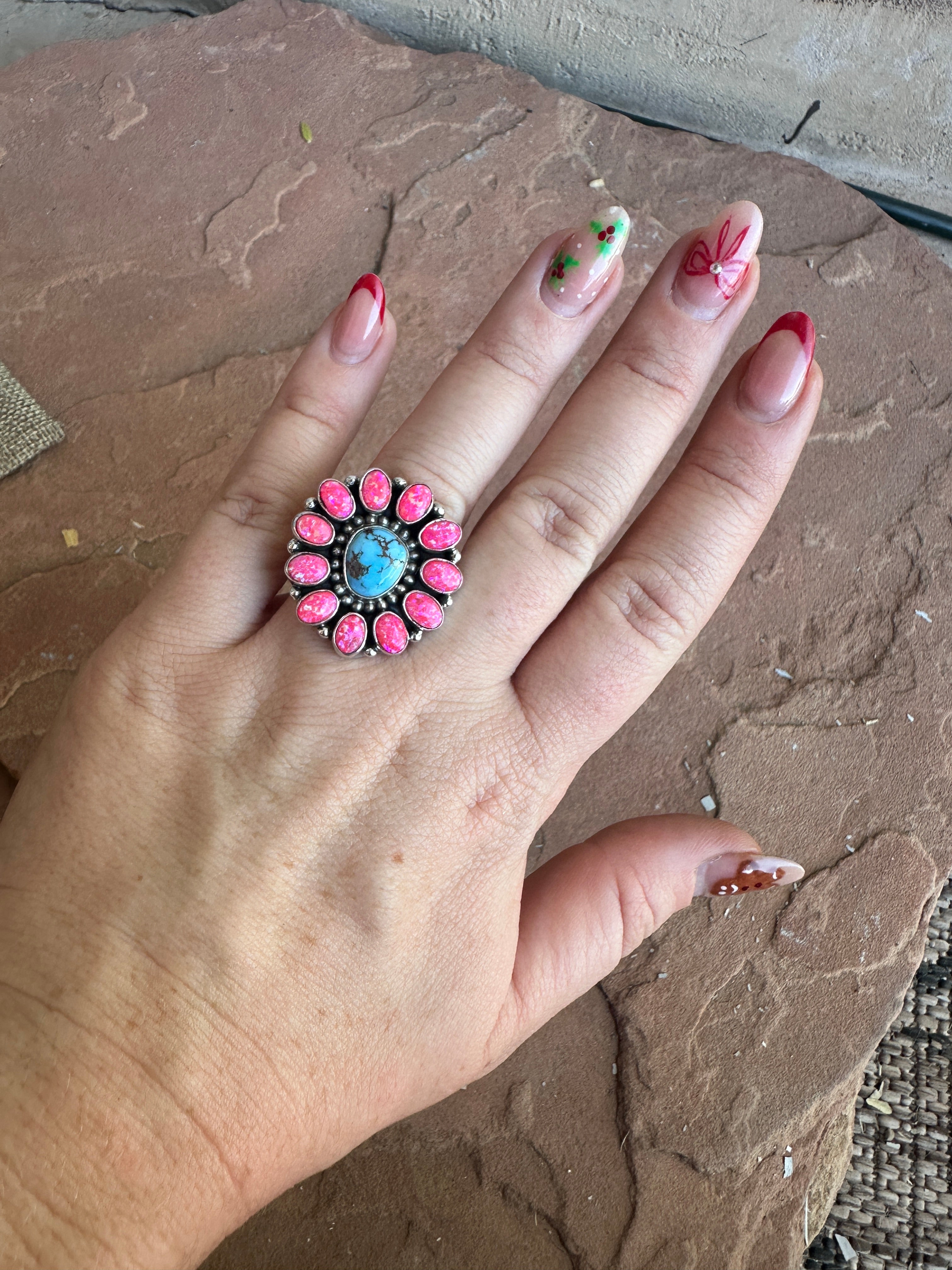 Handmade Adjustable Golden Hills Turquoise, Hot Pink Fire Opal & Sterling Silver Ring