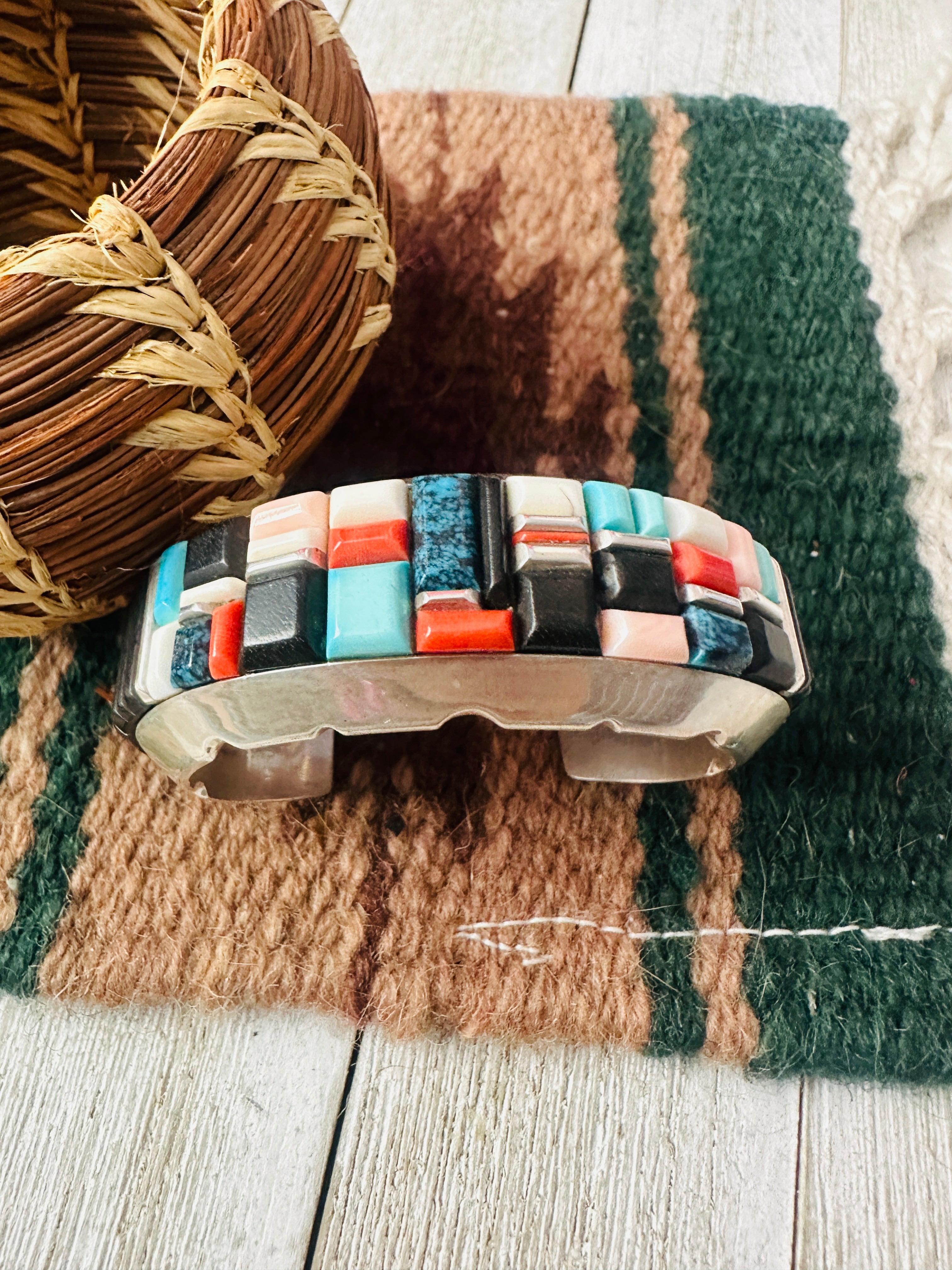 Handcrafted Old Pawn Multi Stone & Sterling Silver Inlay Cuff Bracelet