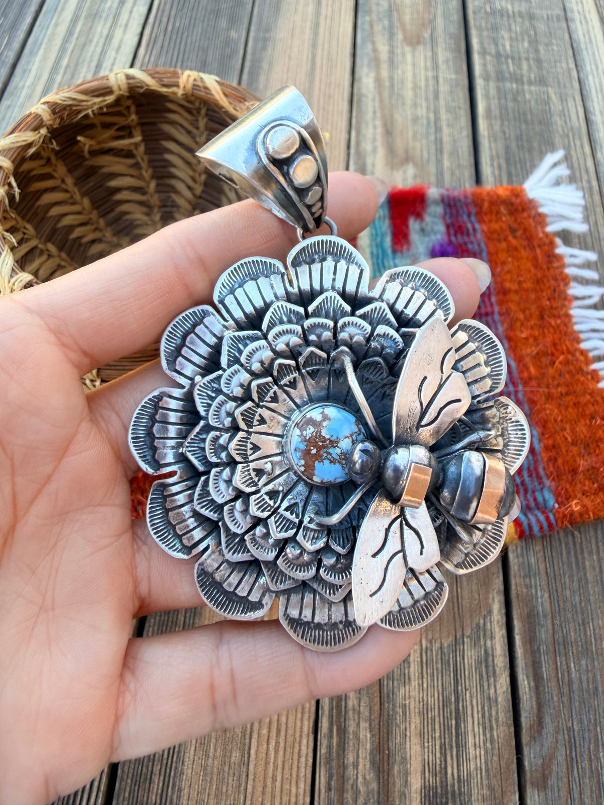 Handcrafted Sterling Silver & Golden Hills Turquoise Sunflower Necklace with Bee by Russell Sam