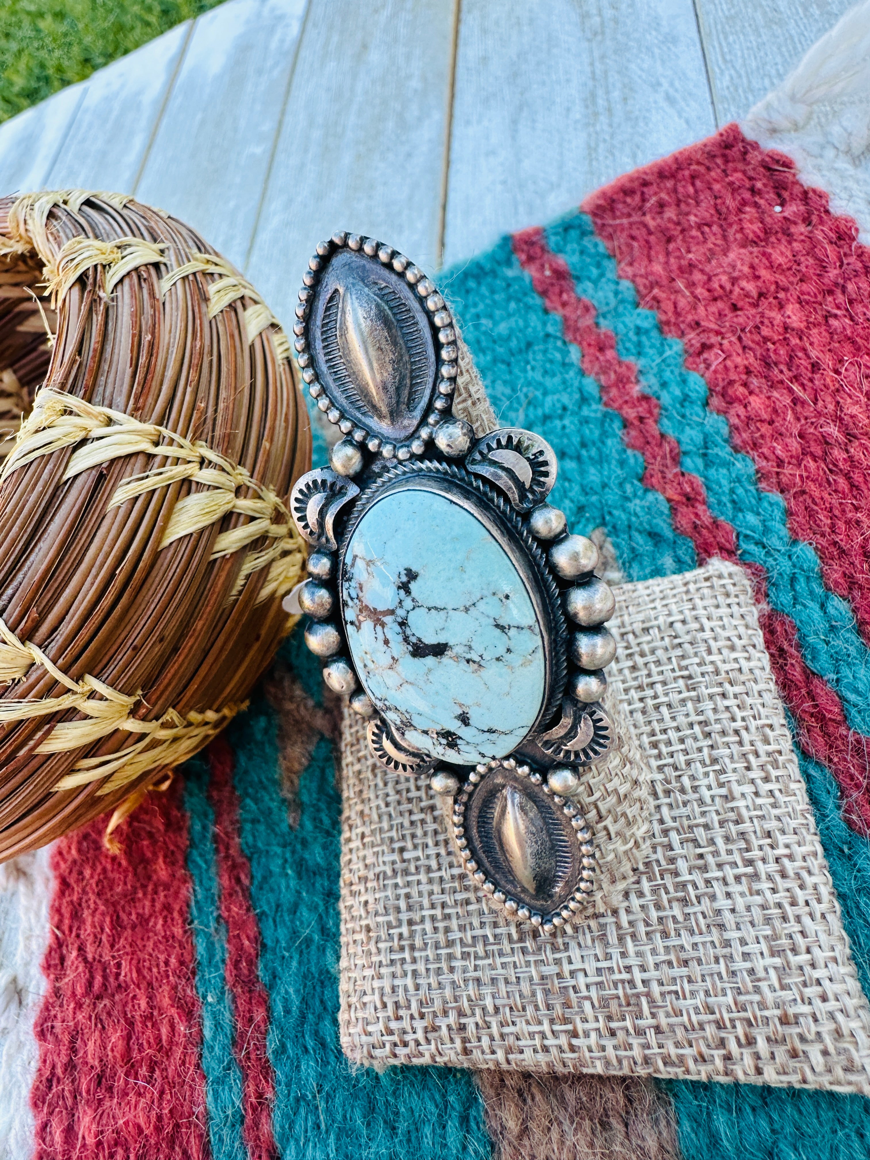 Handcrafted Golden Hills Turquoise & Sterling Silver Ring Size 7.5 by Delvin John