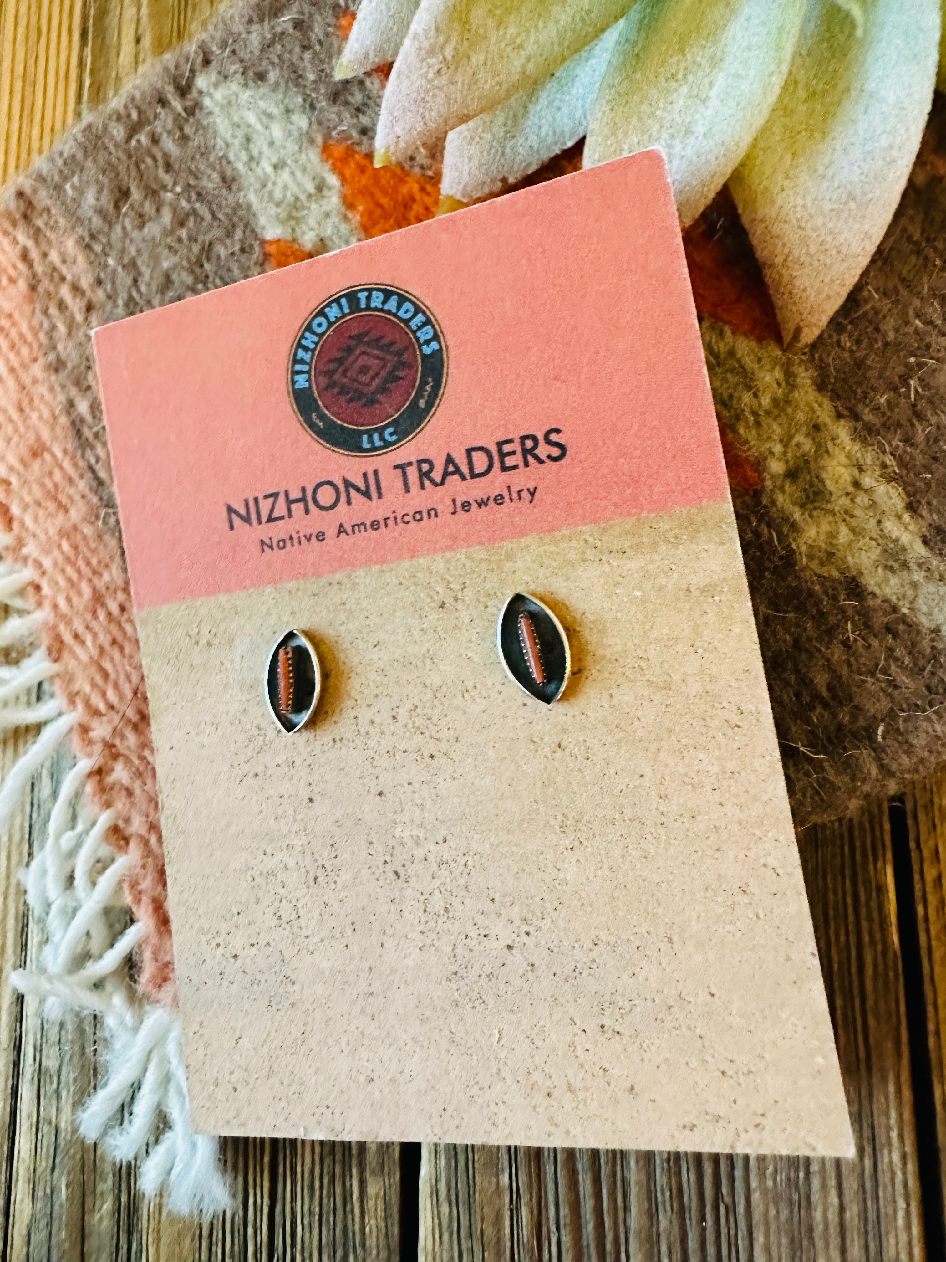 Zuni Coral & Sterling Silver Shadowbox Stud Earrings