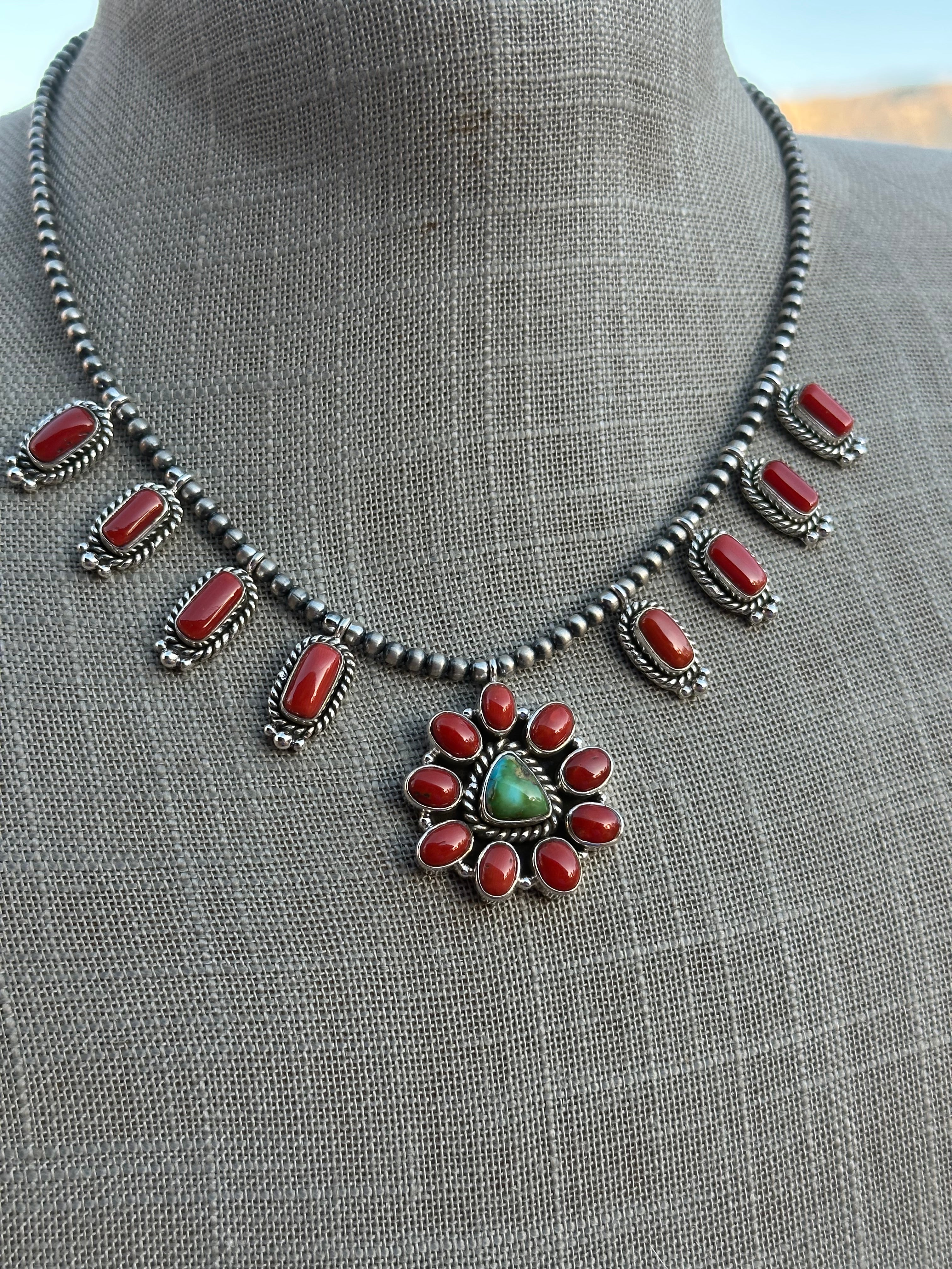 Beautiful Handmade Sterling Silver, Sonoran Turquoise & Coral Necklace