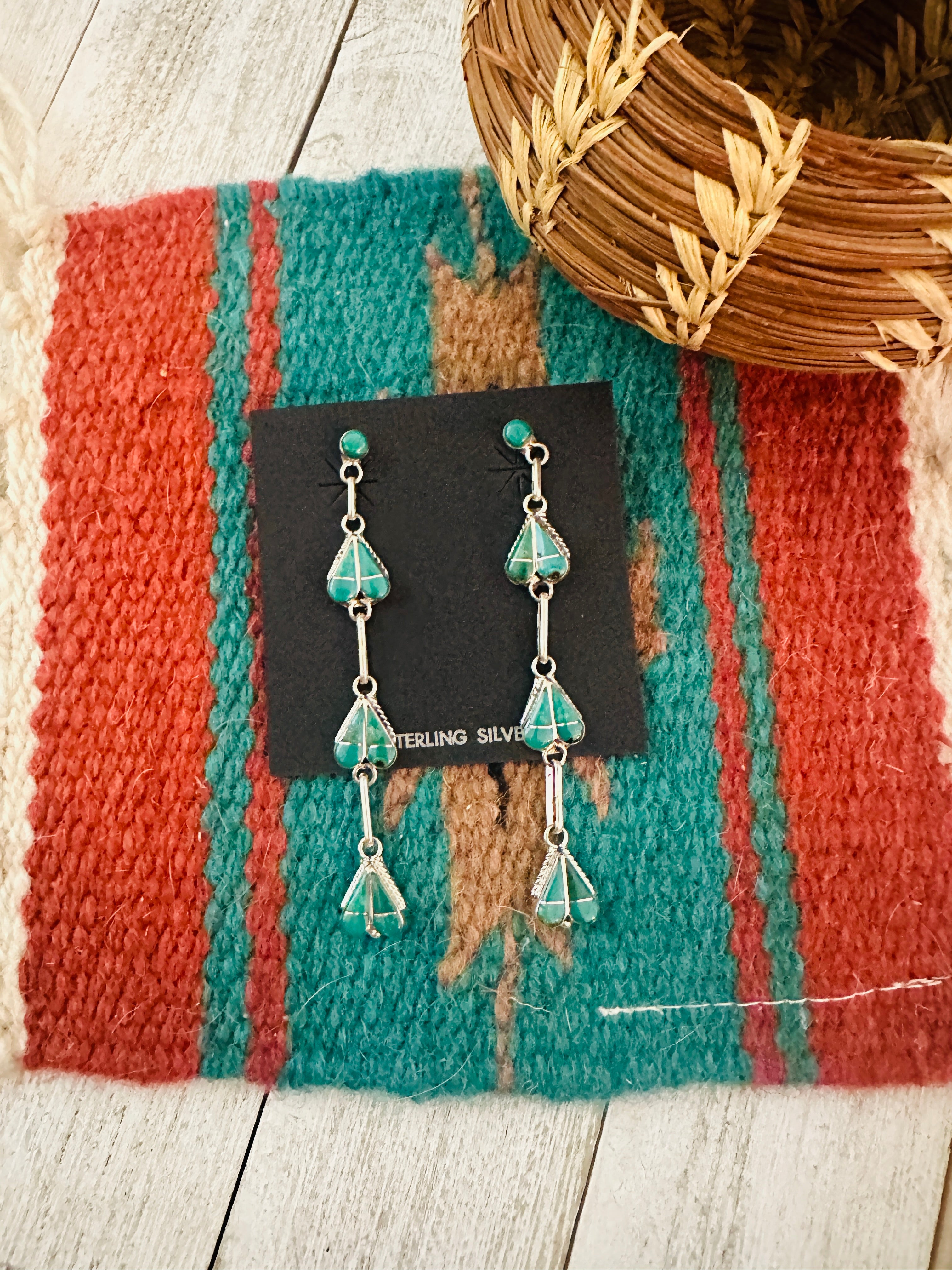 Zuni Sterling Silver & Turquoise Inlay Heart Dangle Earrings