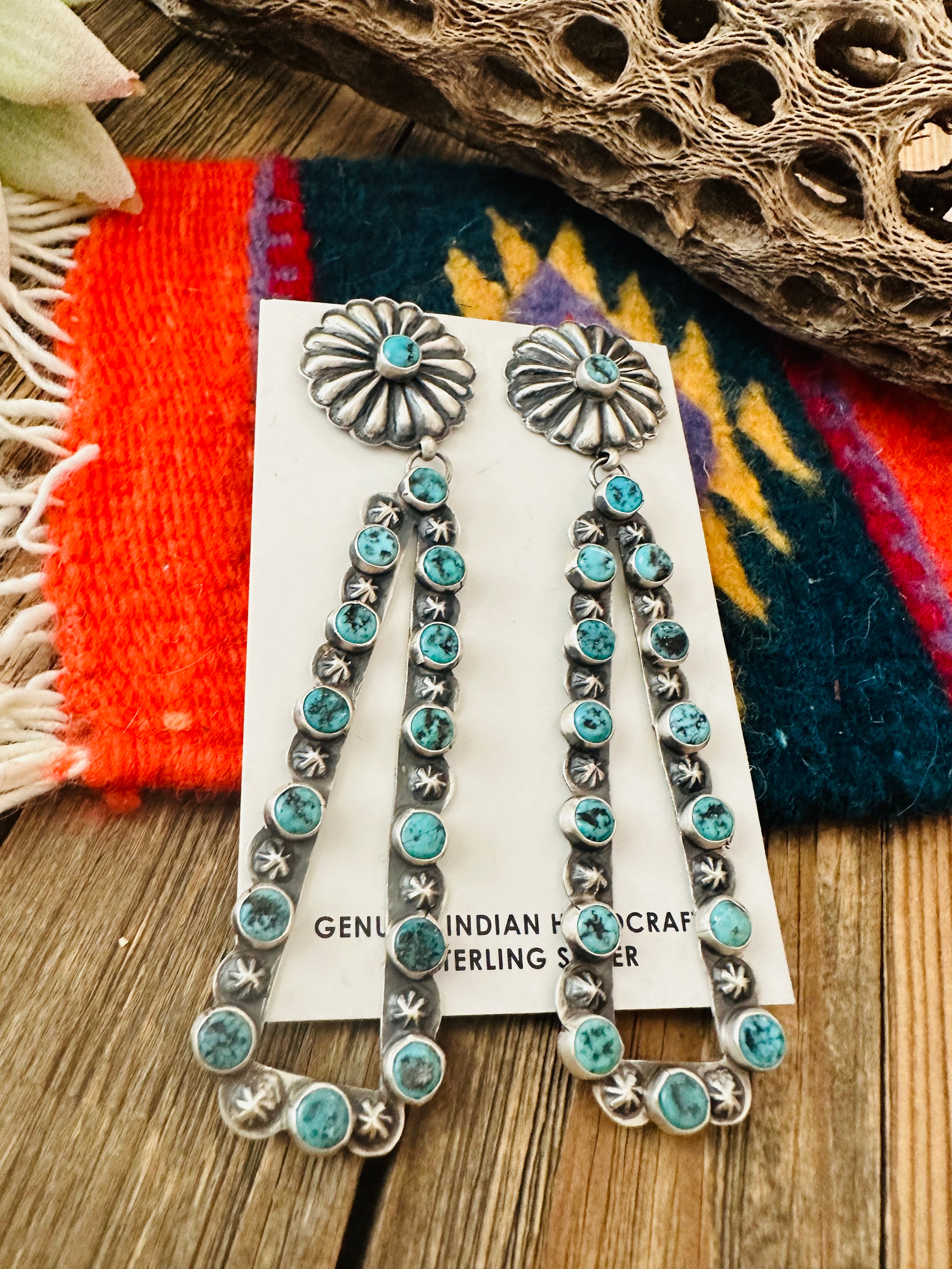 Navajo Sterling Silver & Turquoise Concho Dangle Earrings By Eugene Charley