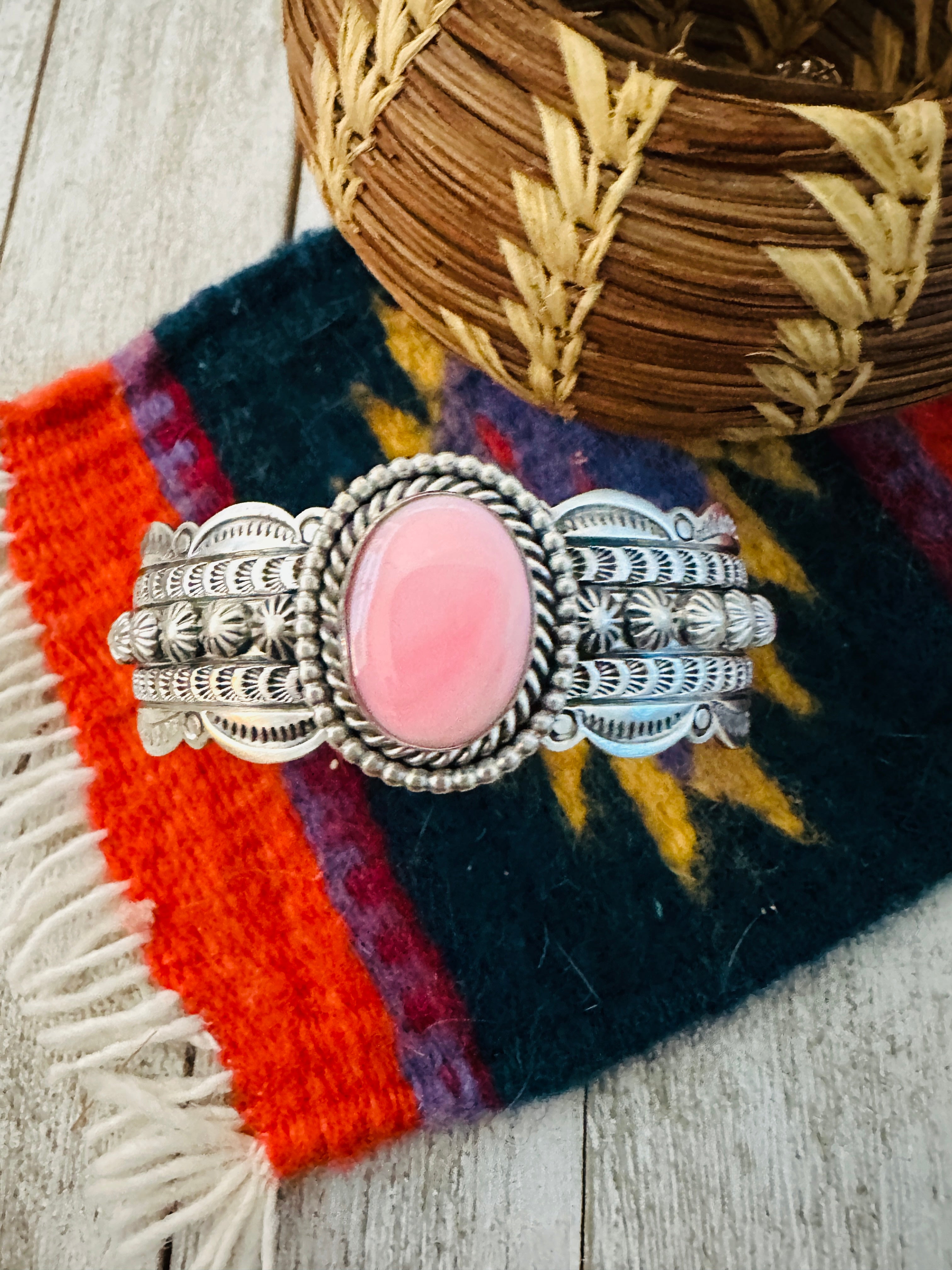 Navajo Queen Pink Conch Shell & Sterling Silver Cuff Bracelet