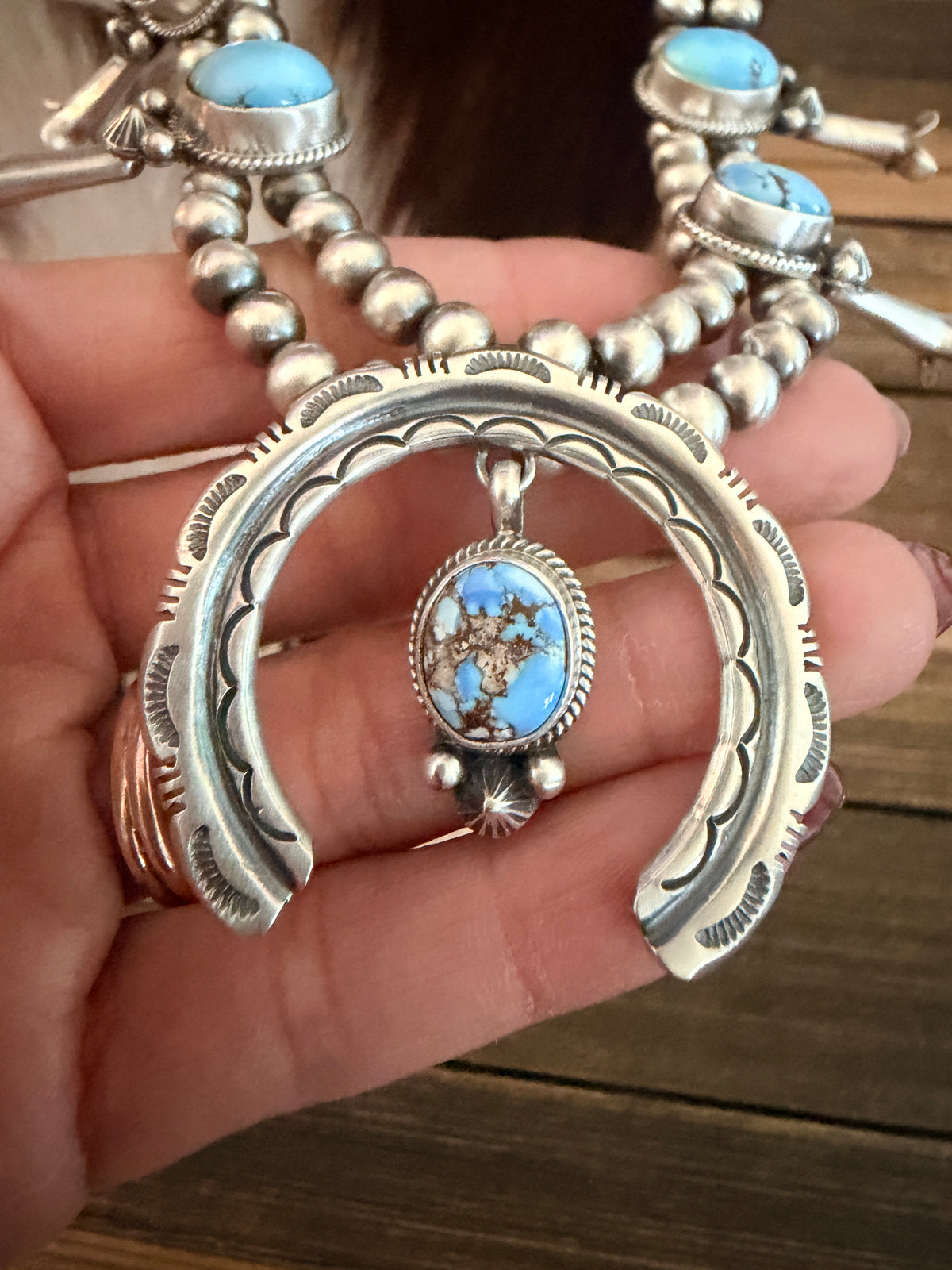 Handcrafted Golden Hills Turquoise & Sterling Silver Beaded Squash Blossom Necklace Set by Melvin Francis