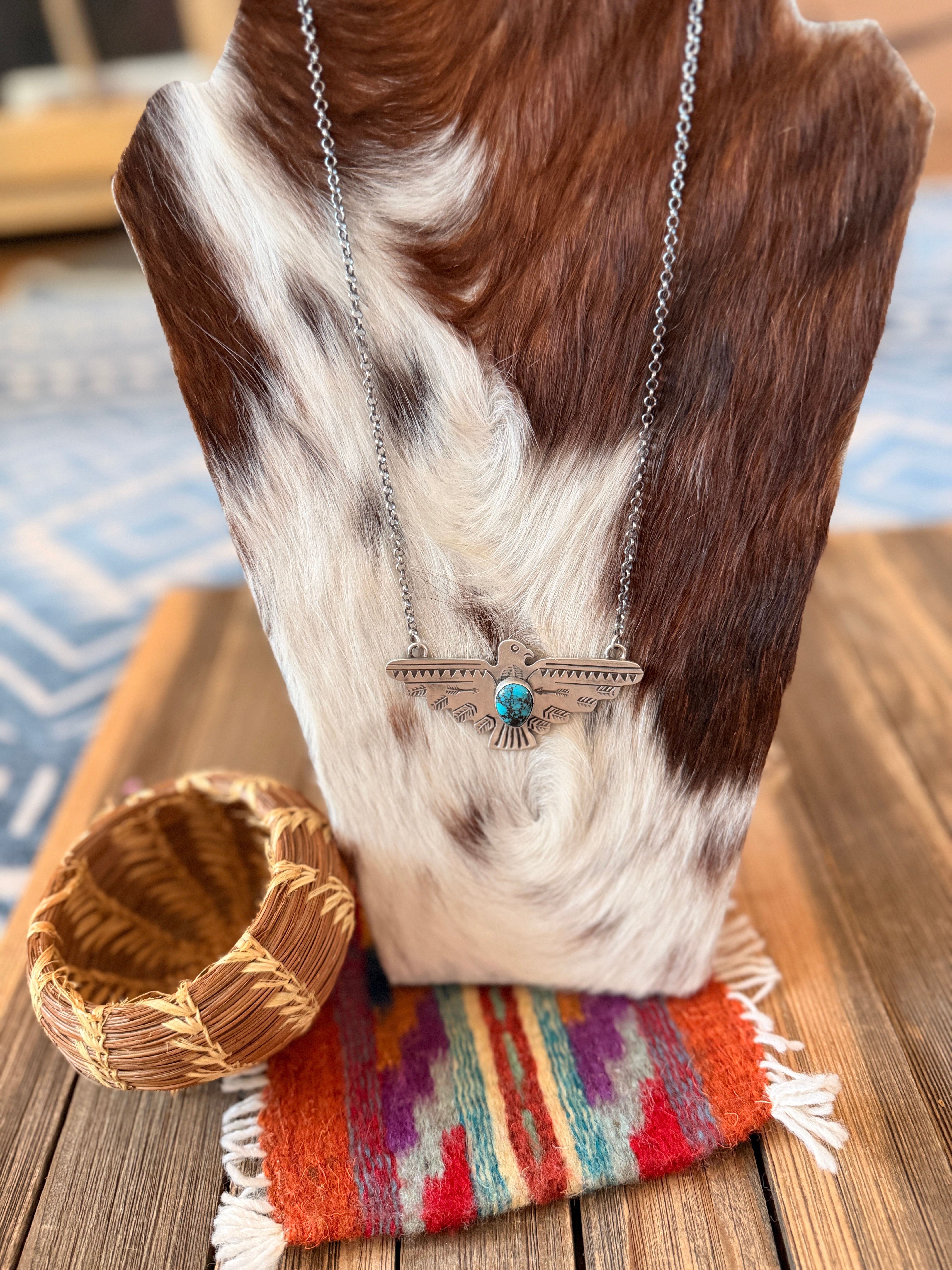 Handcrafted Turquoise & Sterling Silver Thunderbird Necklace by Russell Sam