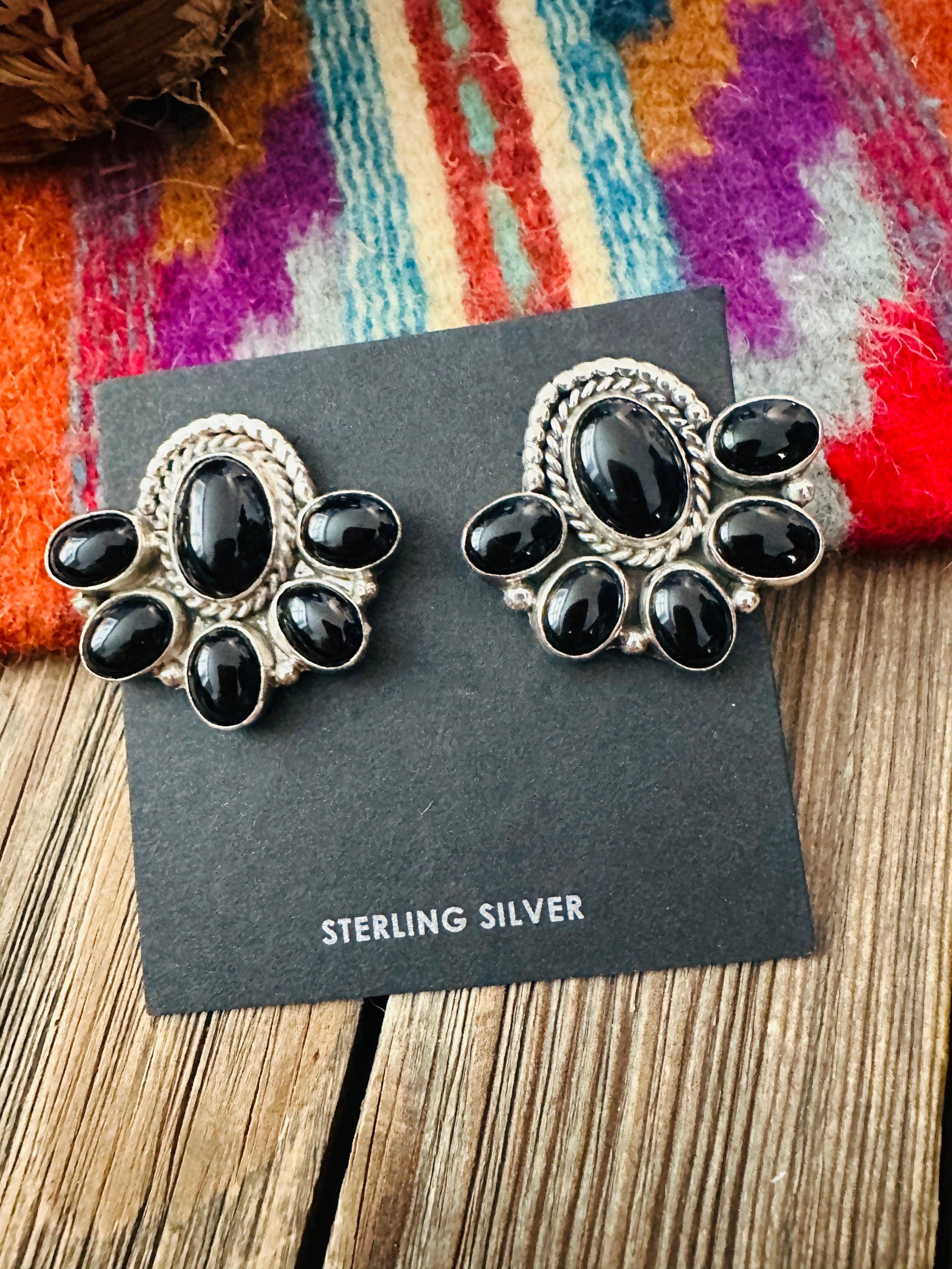 Handcrafted Onyx & Sterling Silver Cluster Cluster Post Earrings