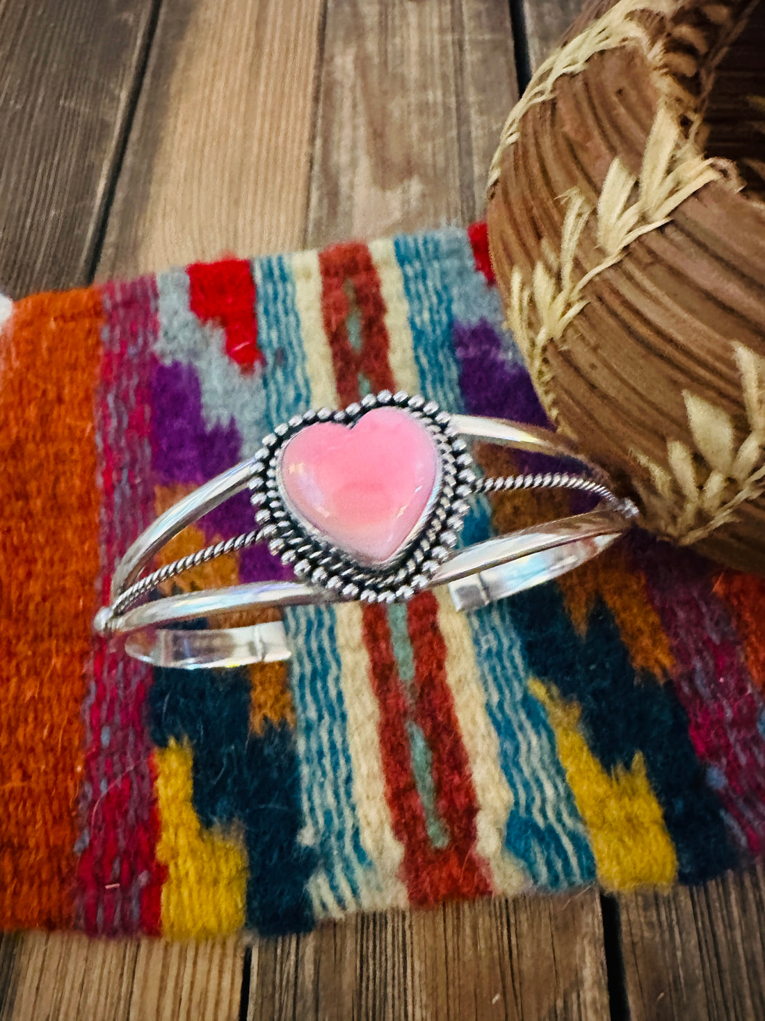 Handcrafted Queen Pink Conch & Sterling Silver Heart Cuff Bracelet