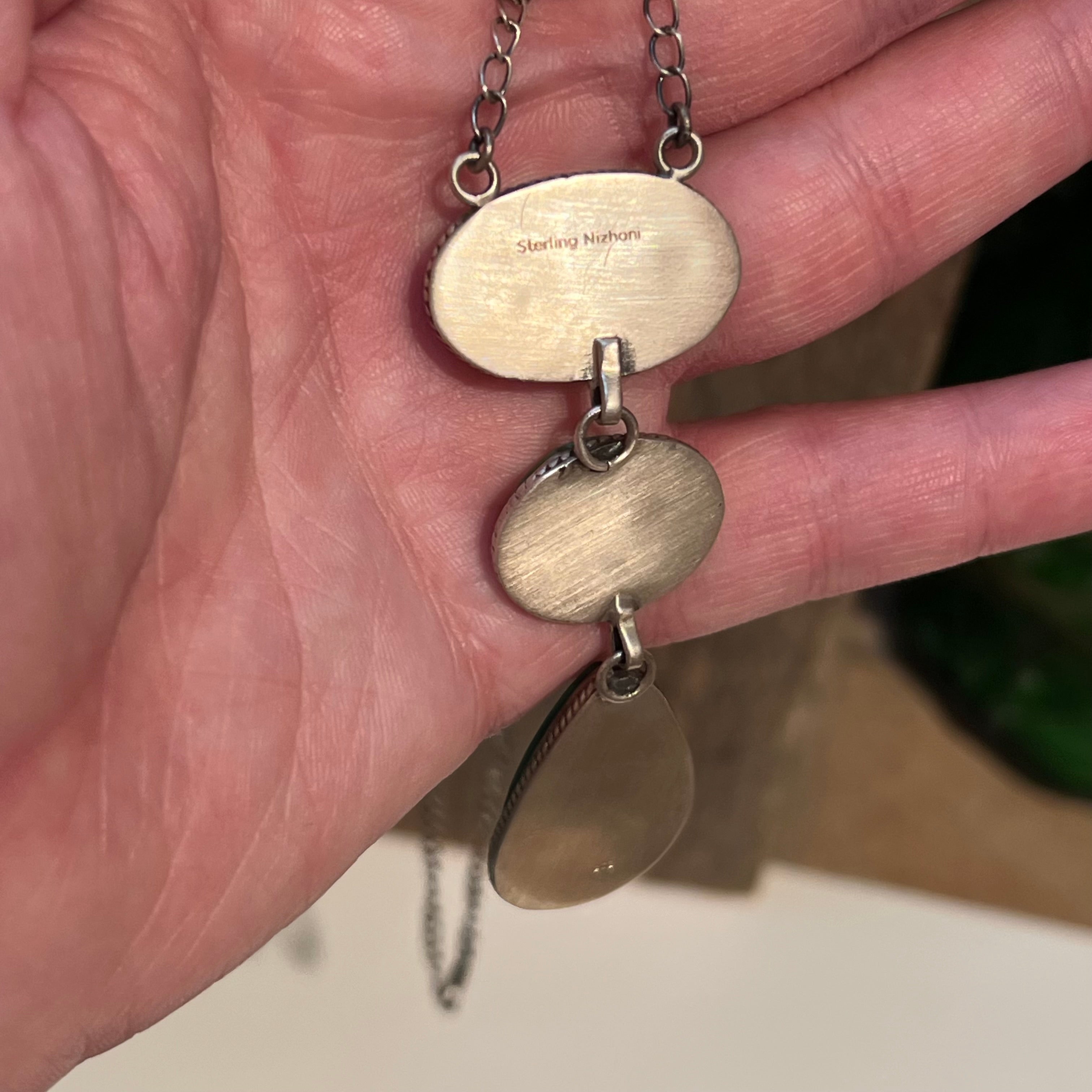 Handmade 3 Stone Turquoise & Sterling Silver Drop Necklace (04)