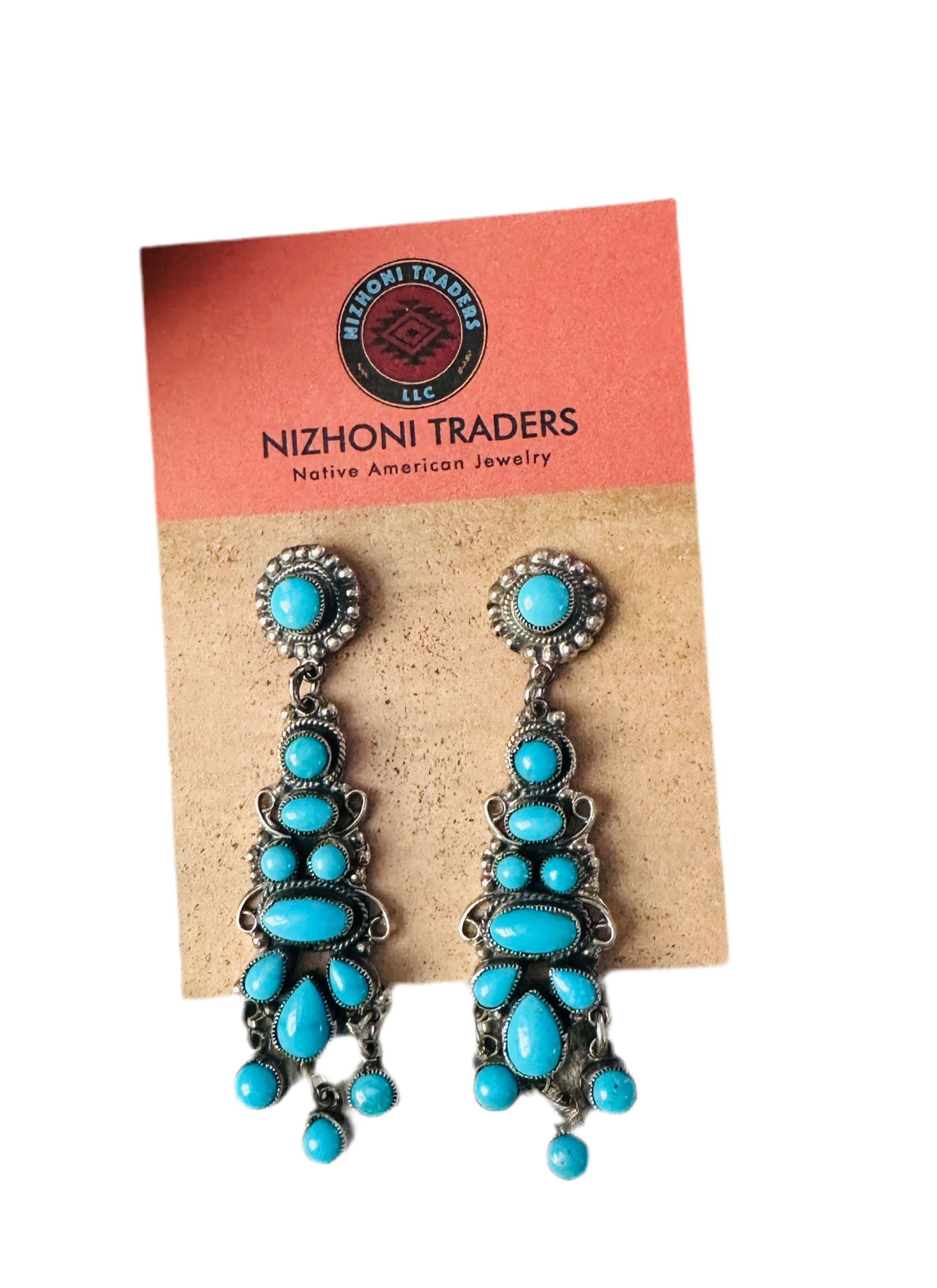 Navajo Sterling Silver & Sleeping Beauty Turquoise Cluster Dangle Earrings