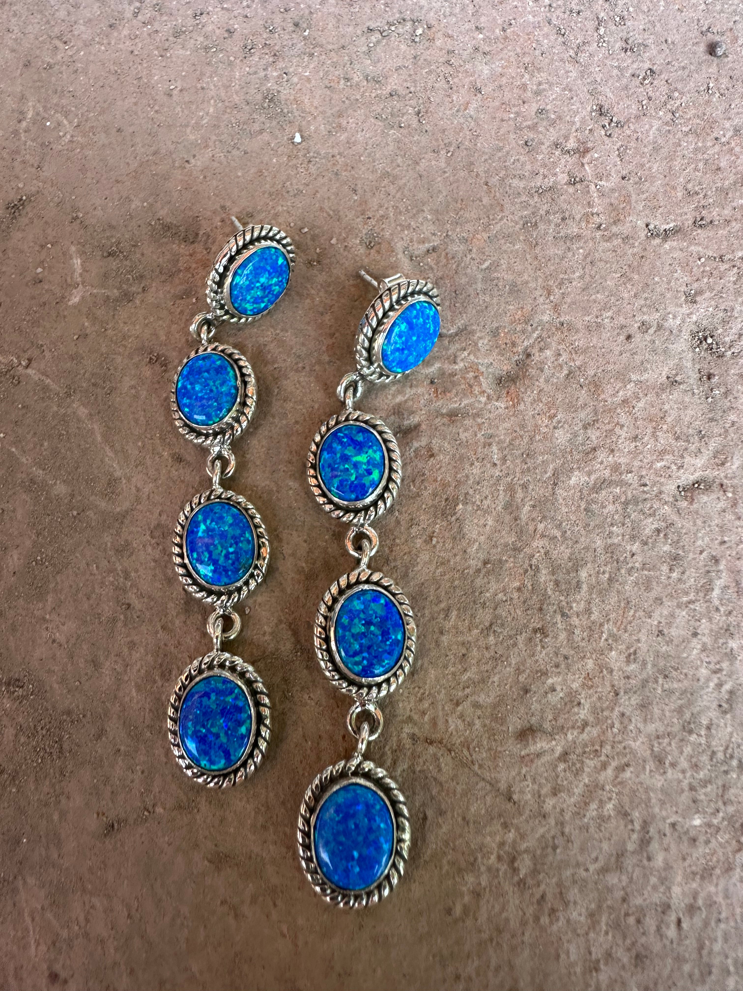 Handmade Blue Fire Opal and Sterling Silver Handmade Dangles