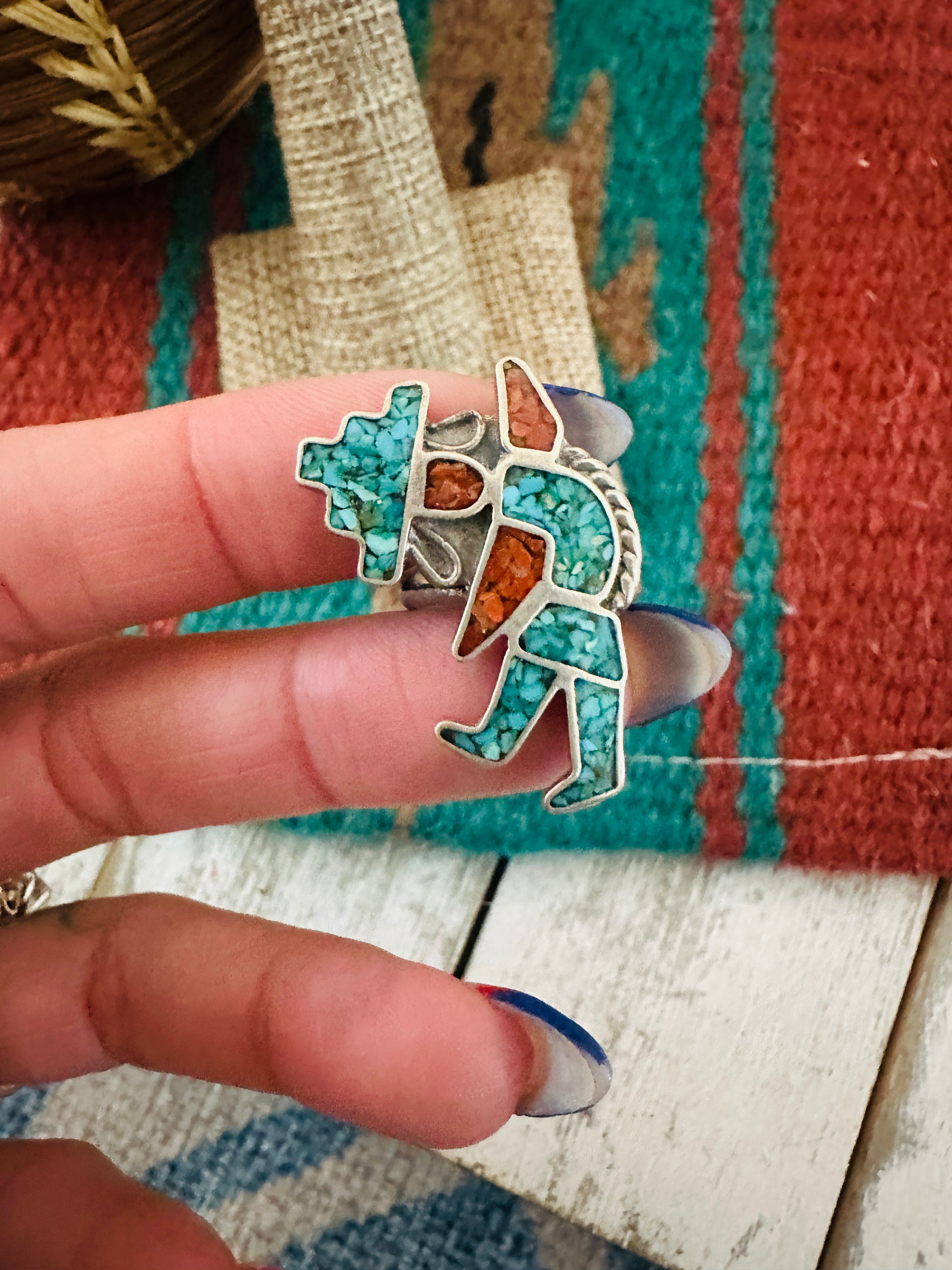 Handcrafted Old Pawn Sterling Silver, Turquoise Coral Inlay Kachina