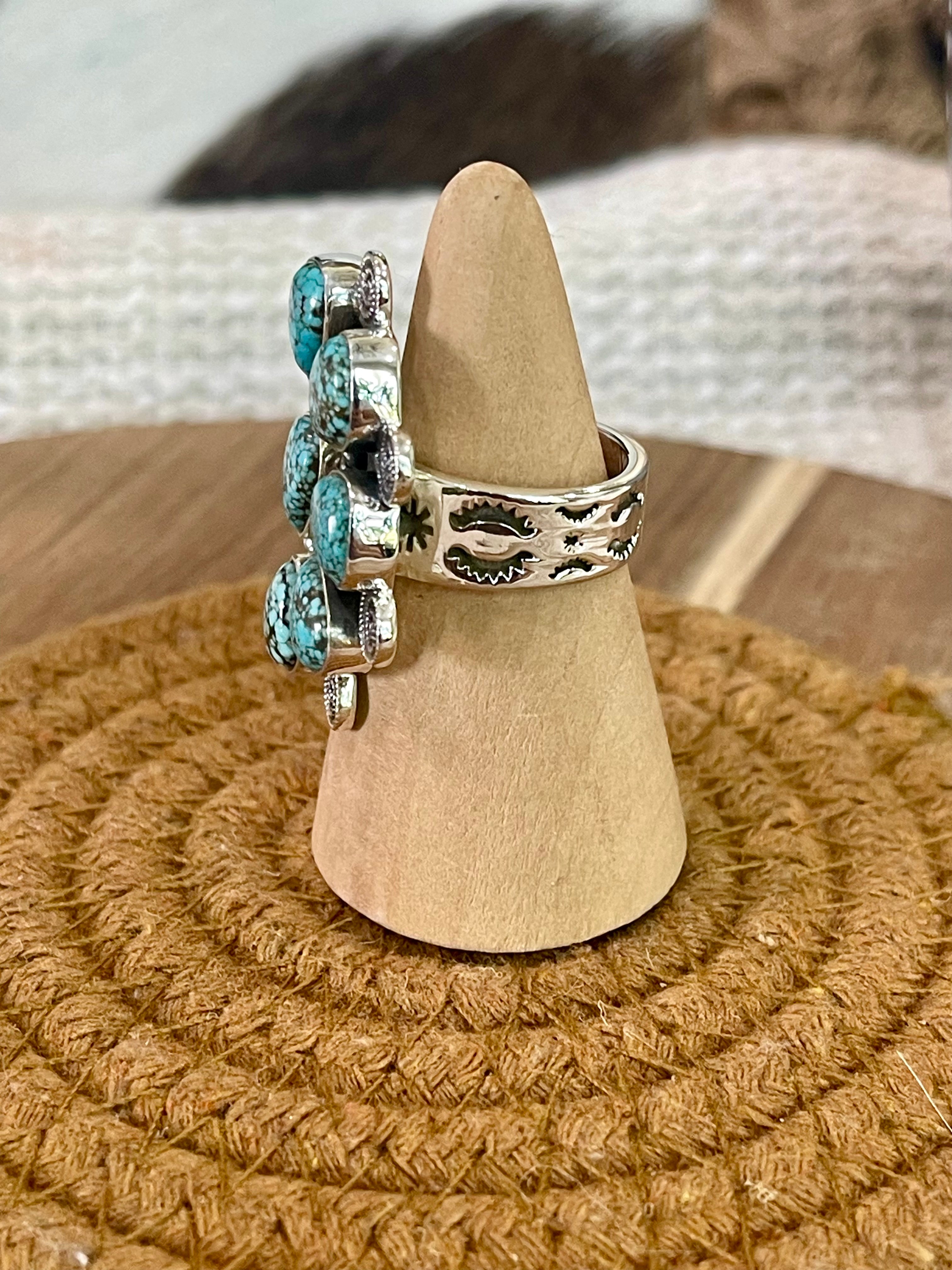 Beautiful Handmade Sterling Silver & Number 8 Turquoise Adjustable Cluster Ring