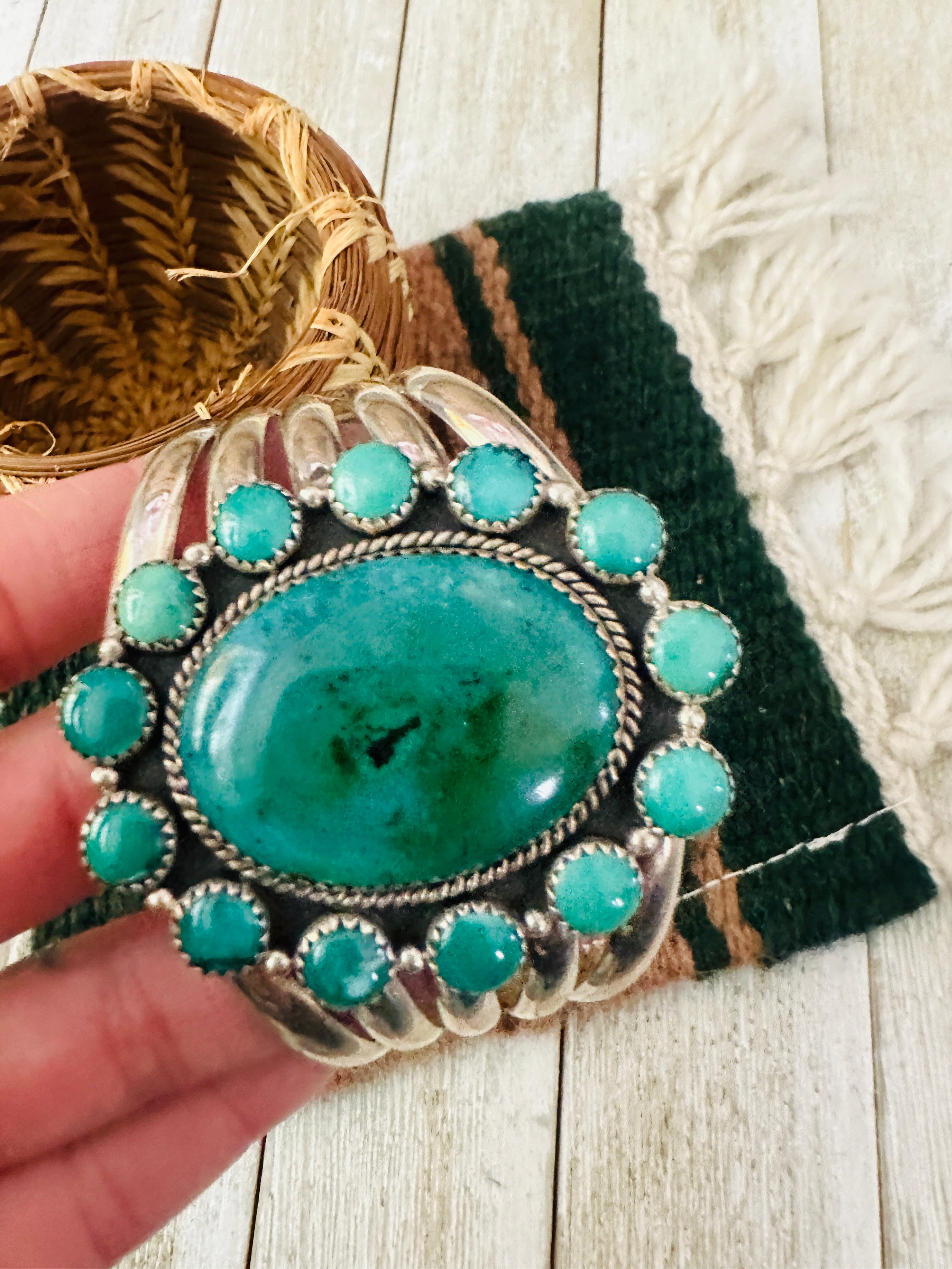 Handcrafted Old Pawn Turquoise & Sterling Silver Cluster Cuff Bracelet