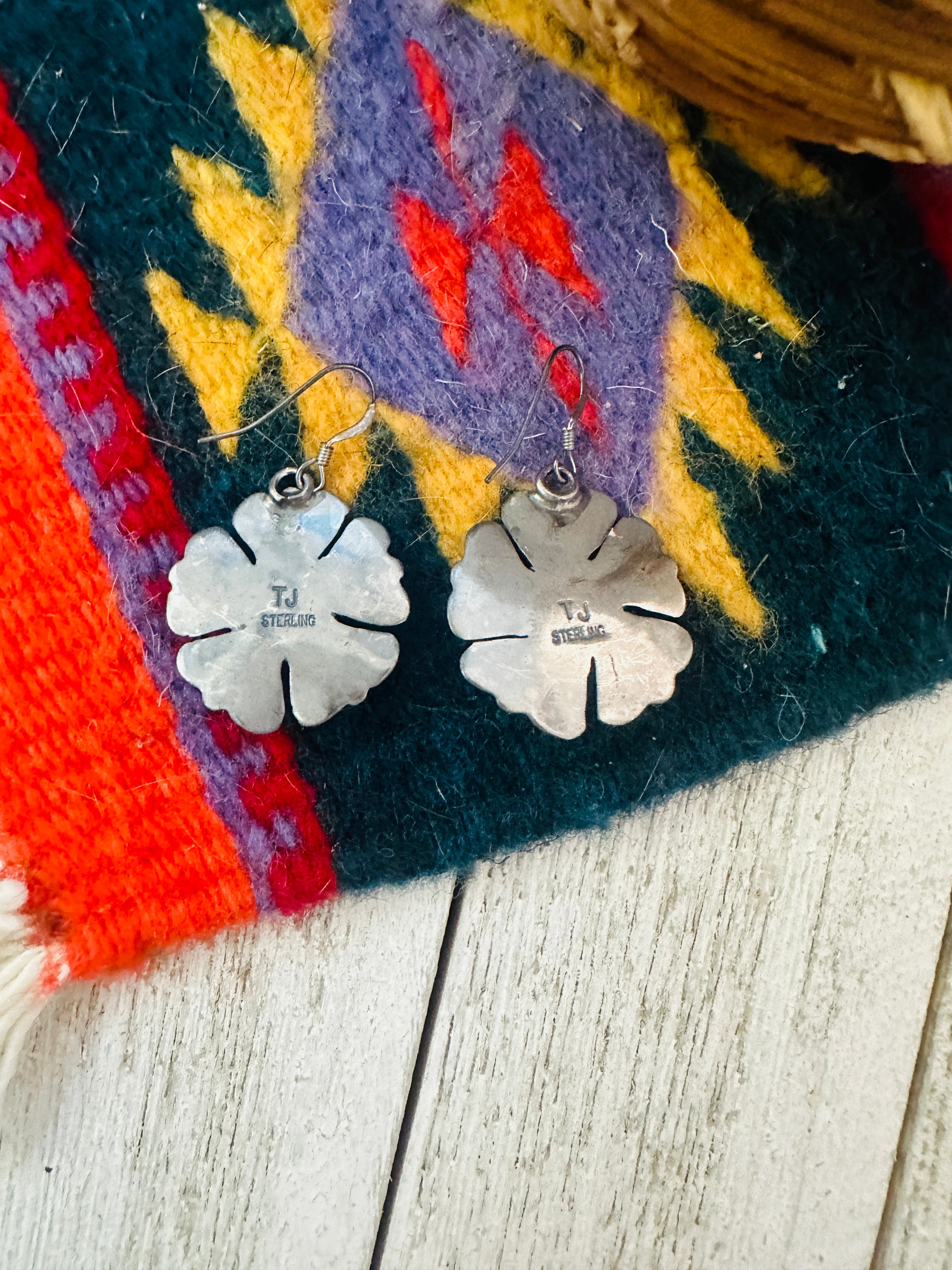 Navajo Turquoise and Sterling Silver Flower Dangle Earrings