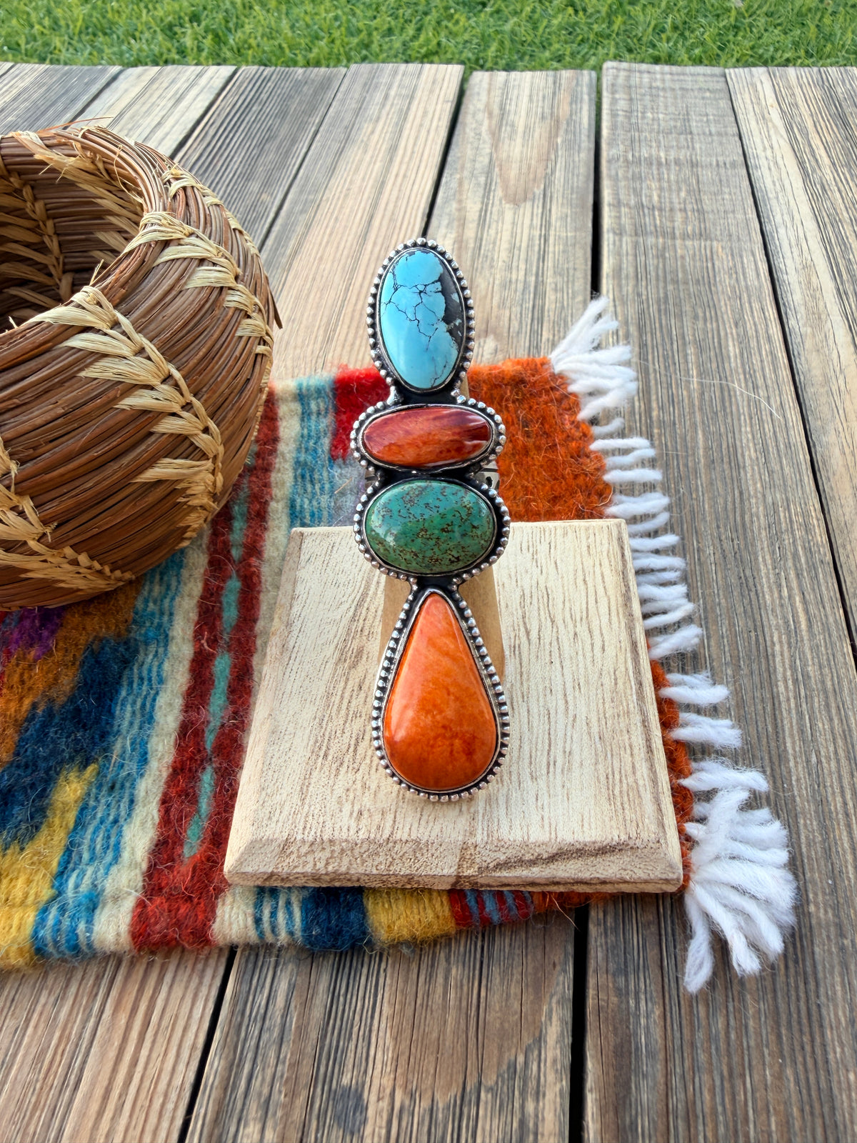 Handcrafted Spiny Oyster, Turquoise & Sterling Silver Adjustable Ring