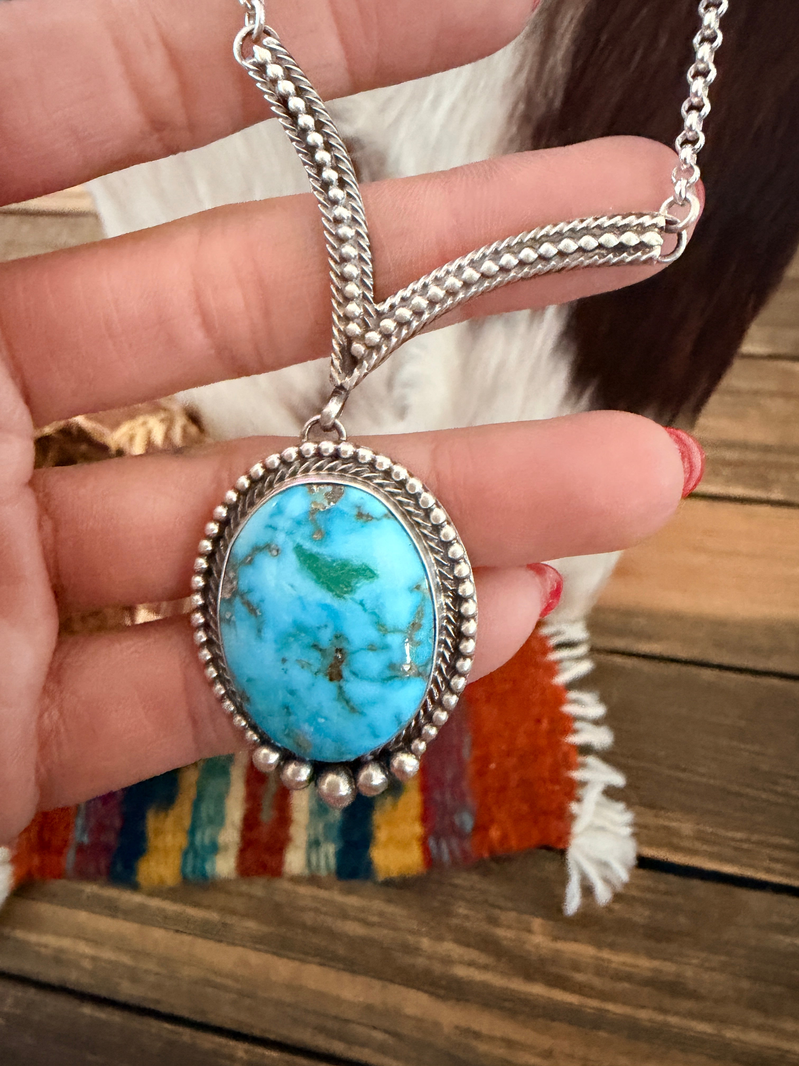 Handcrafted Sterling Silver & Kingman Turquoise Necklace by Sheila Tso