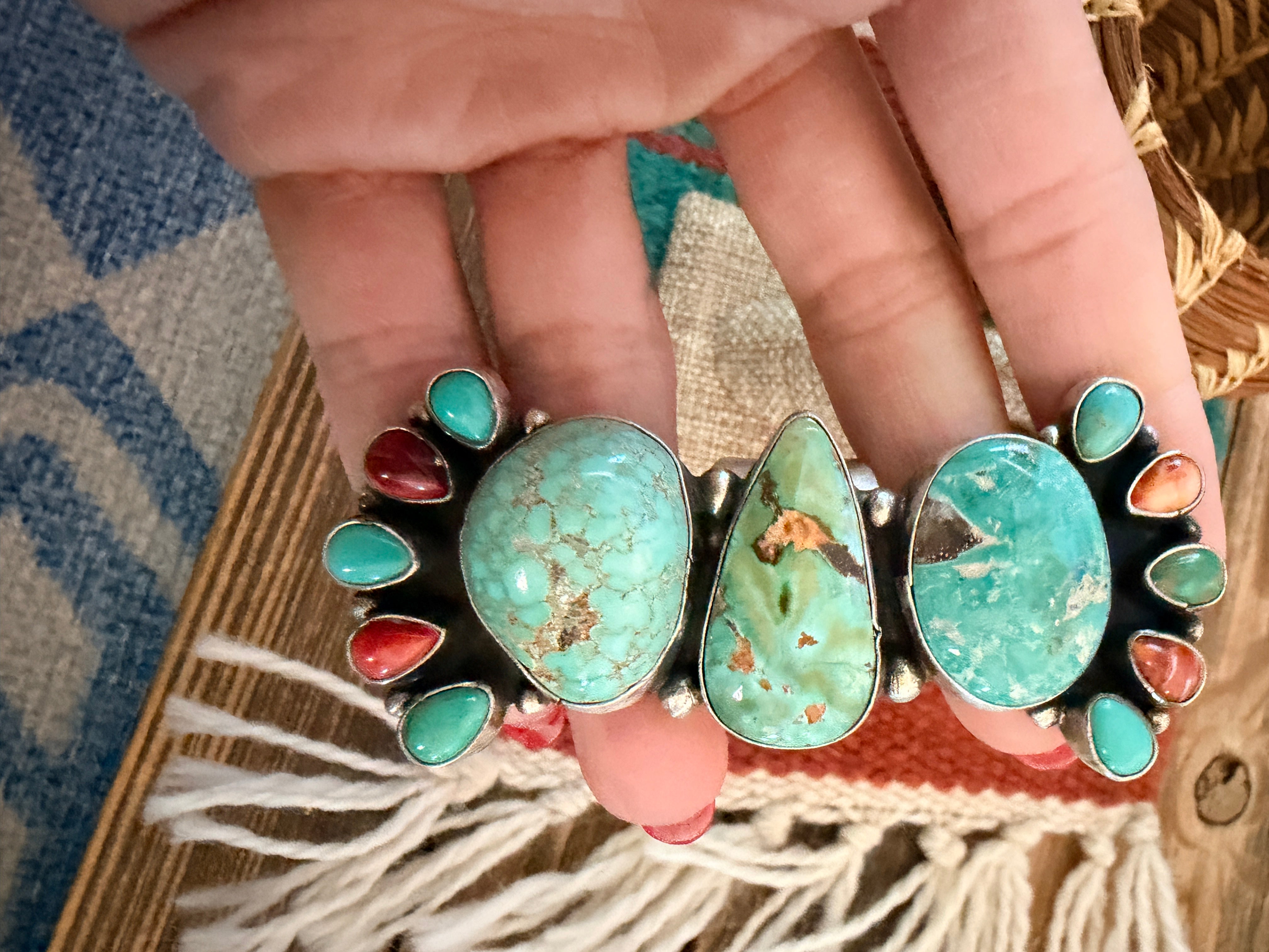 Handcrafted Spiny Oyster, Turquoise & Sterling Silver Cluster Ring by Sheila Becenti Size 9.5