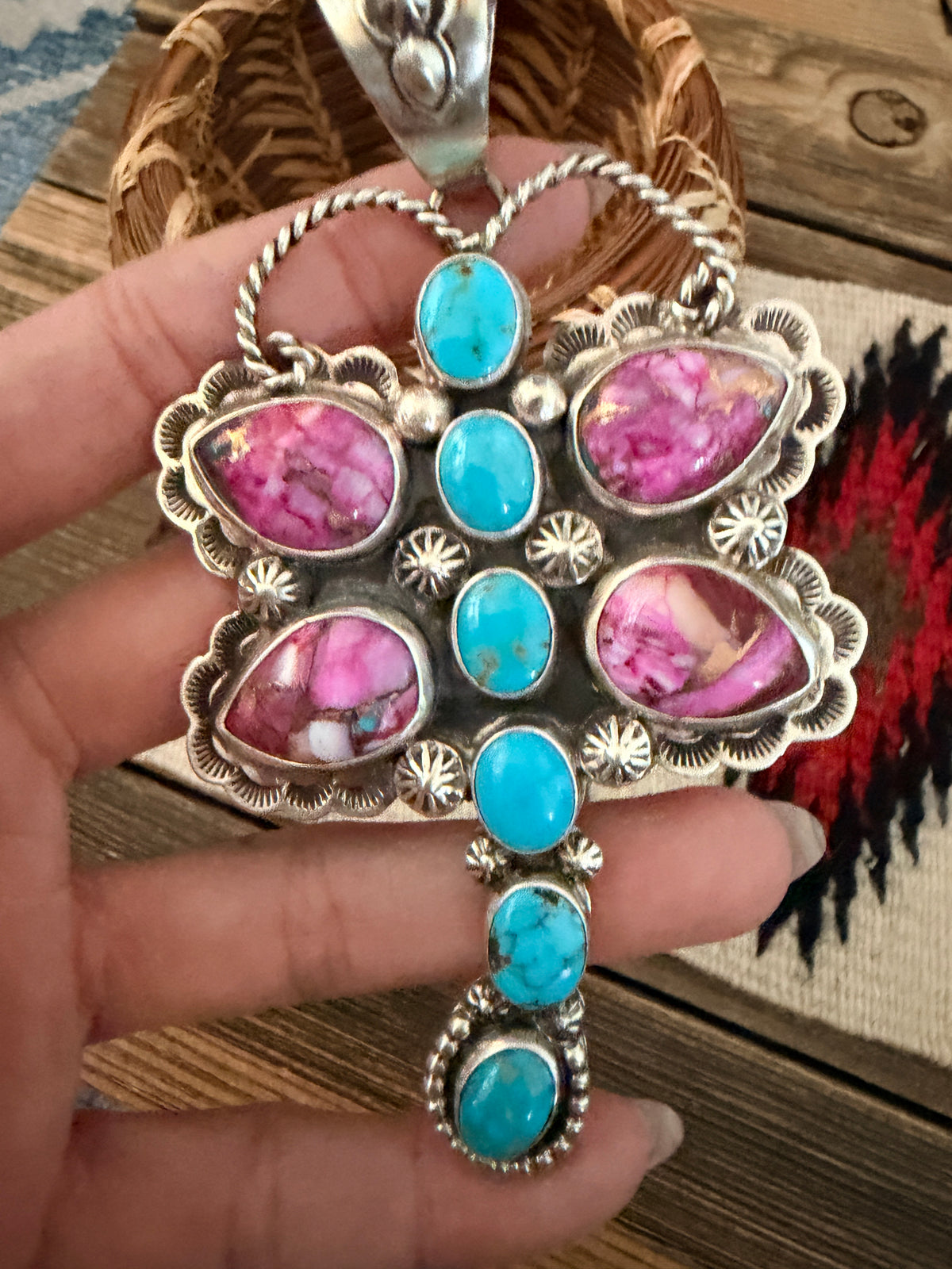 Handcrafted Sterling Silver, Pink Dream Mojave & Turquoise Dragonfly Pendant by Alice McShirley