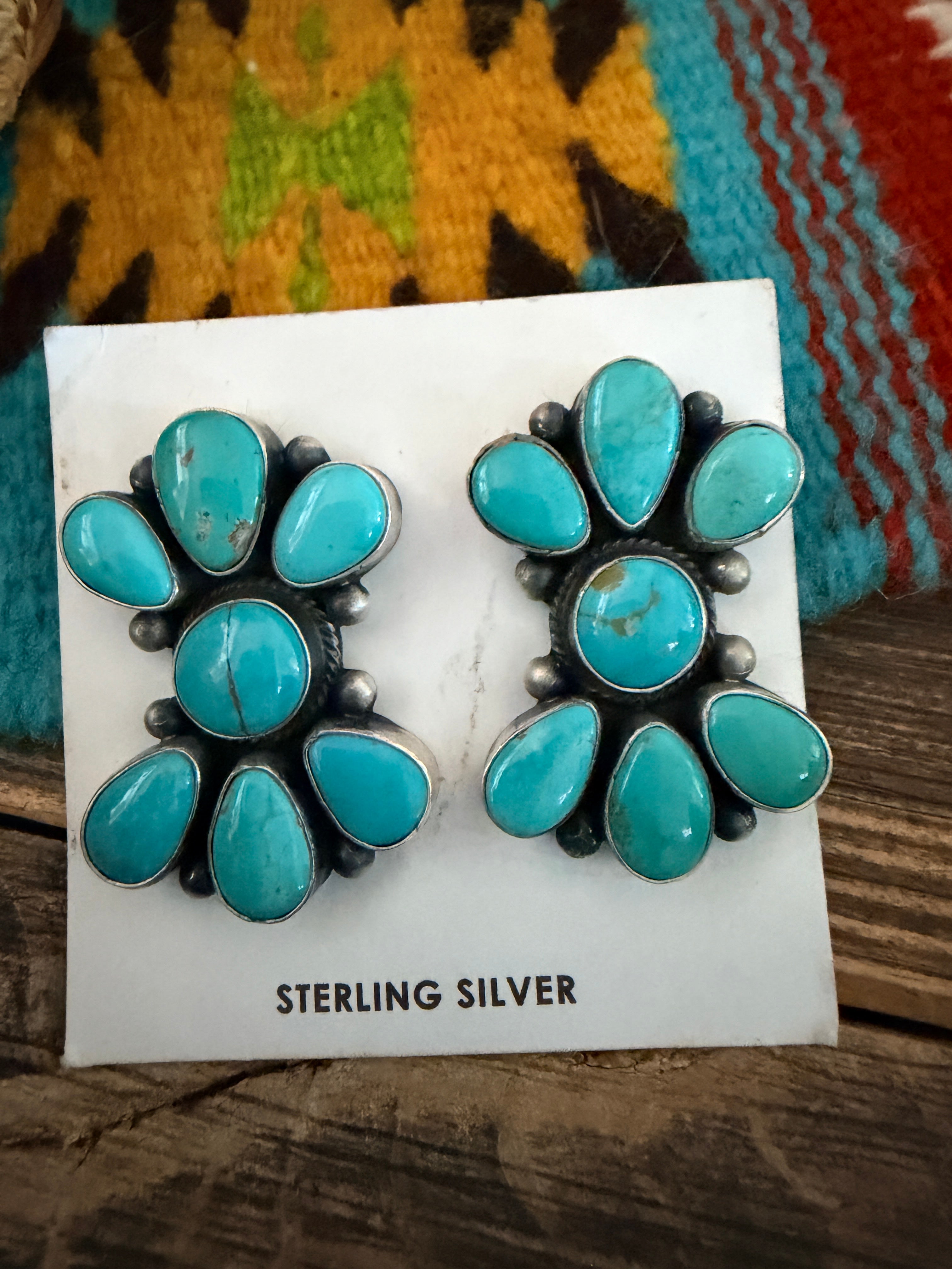 Handcrafted Turquoise & Sterling Silver Cluster Post Earrings