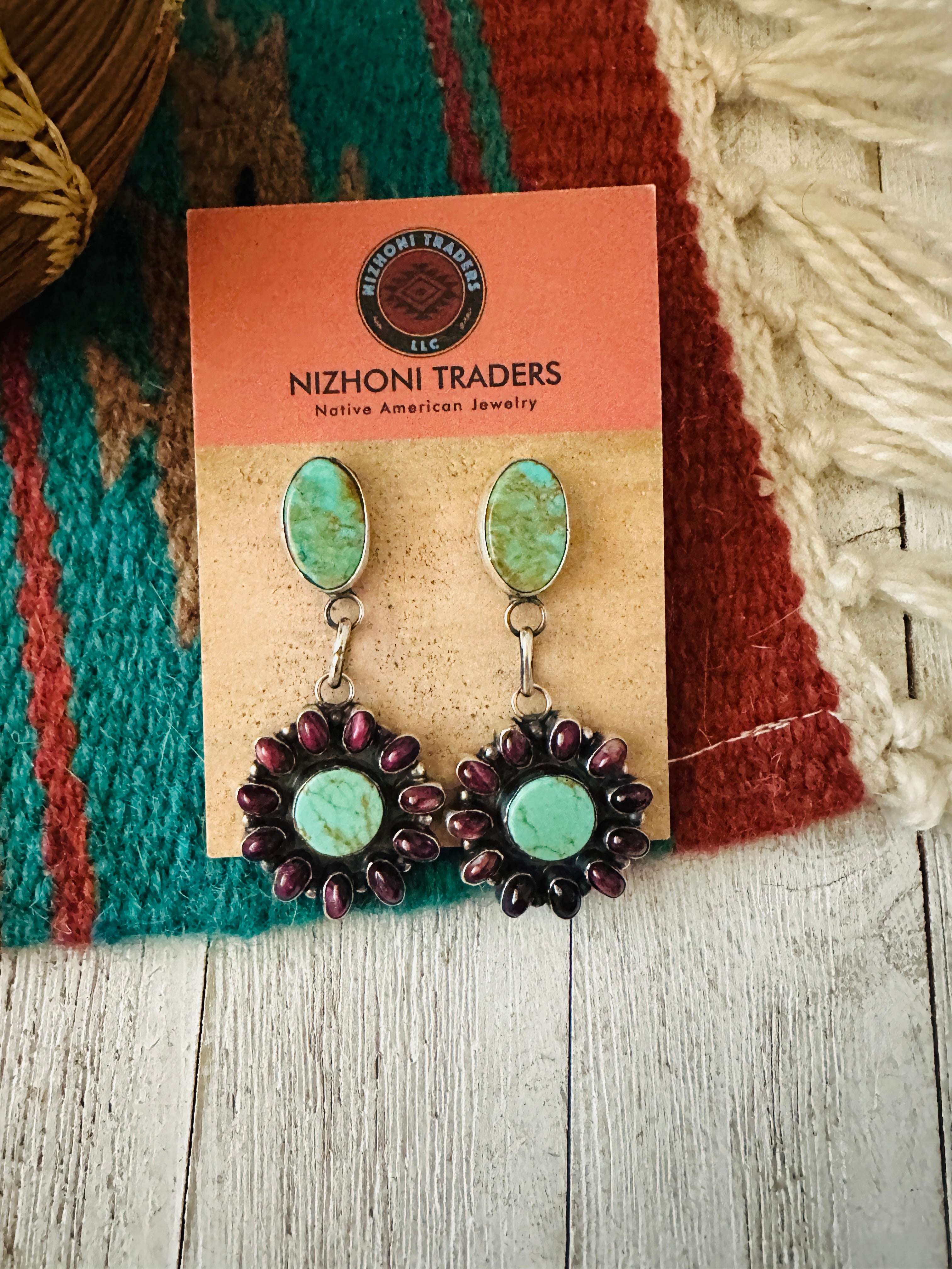 Navajo Turquoise, Spiny & Sterling Silver Dangle Earrings by Jacqueline Silver