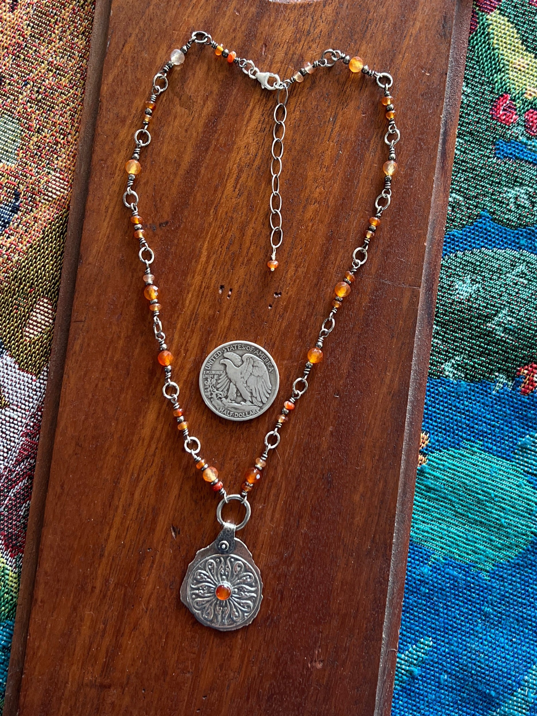 Tularosa Rosary Style Sterling Silver and Carnelian Relic Coin Necklace