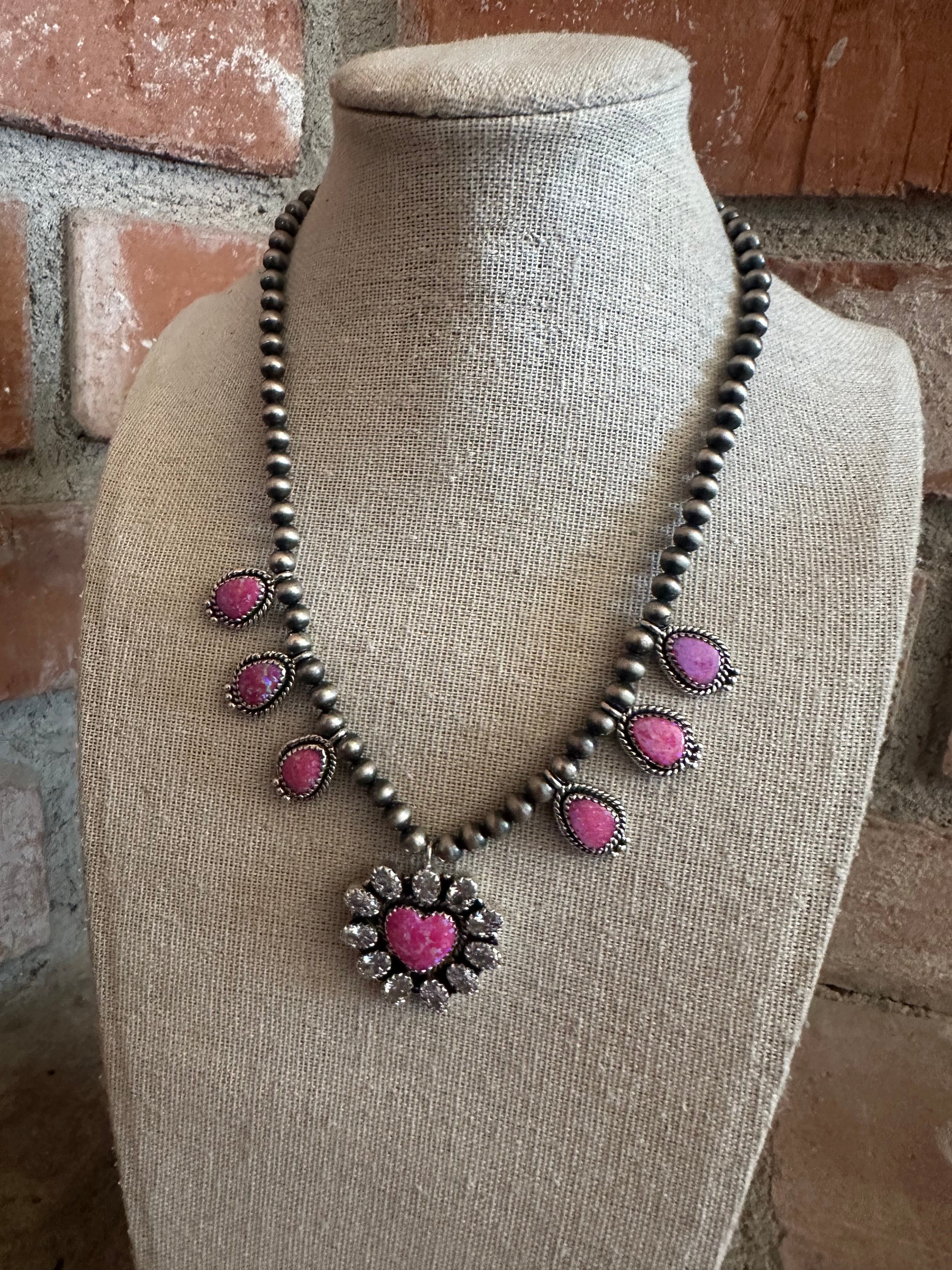 Handmade Hot Pink Fire Opal, Cz and Sterling Silver Heart Necklace