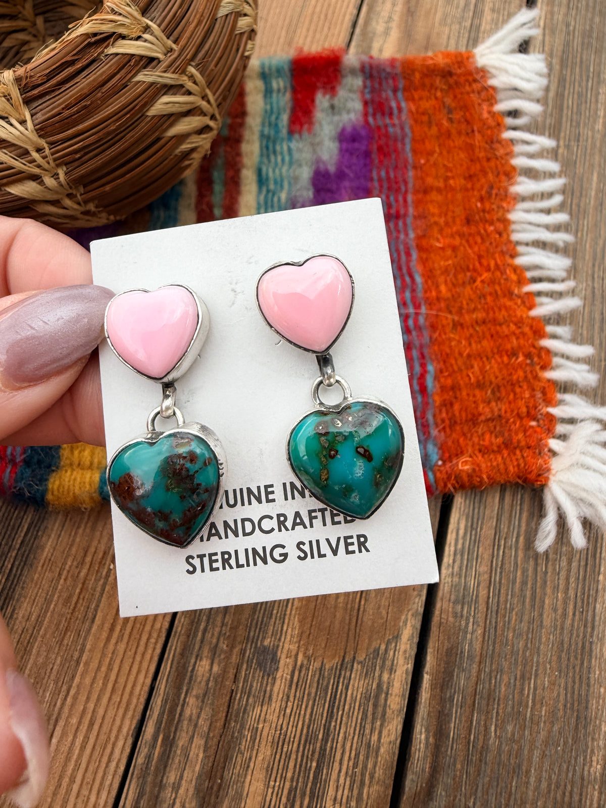 Handcrafted Turquoise, Queen Pink Conch & Sterling Silver Heart Dangle Earrings by Marcella James