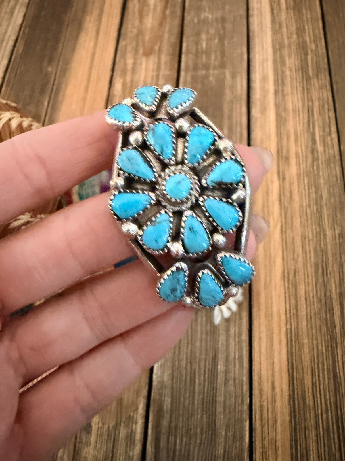Handcrafted Old Pawn Sterling Silver & Turquoise Cluster Cuff Bracelet