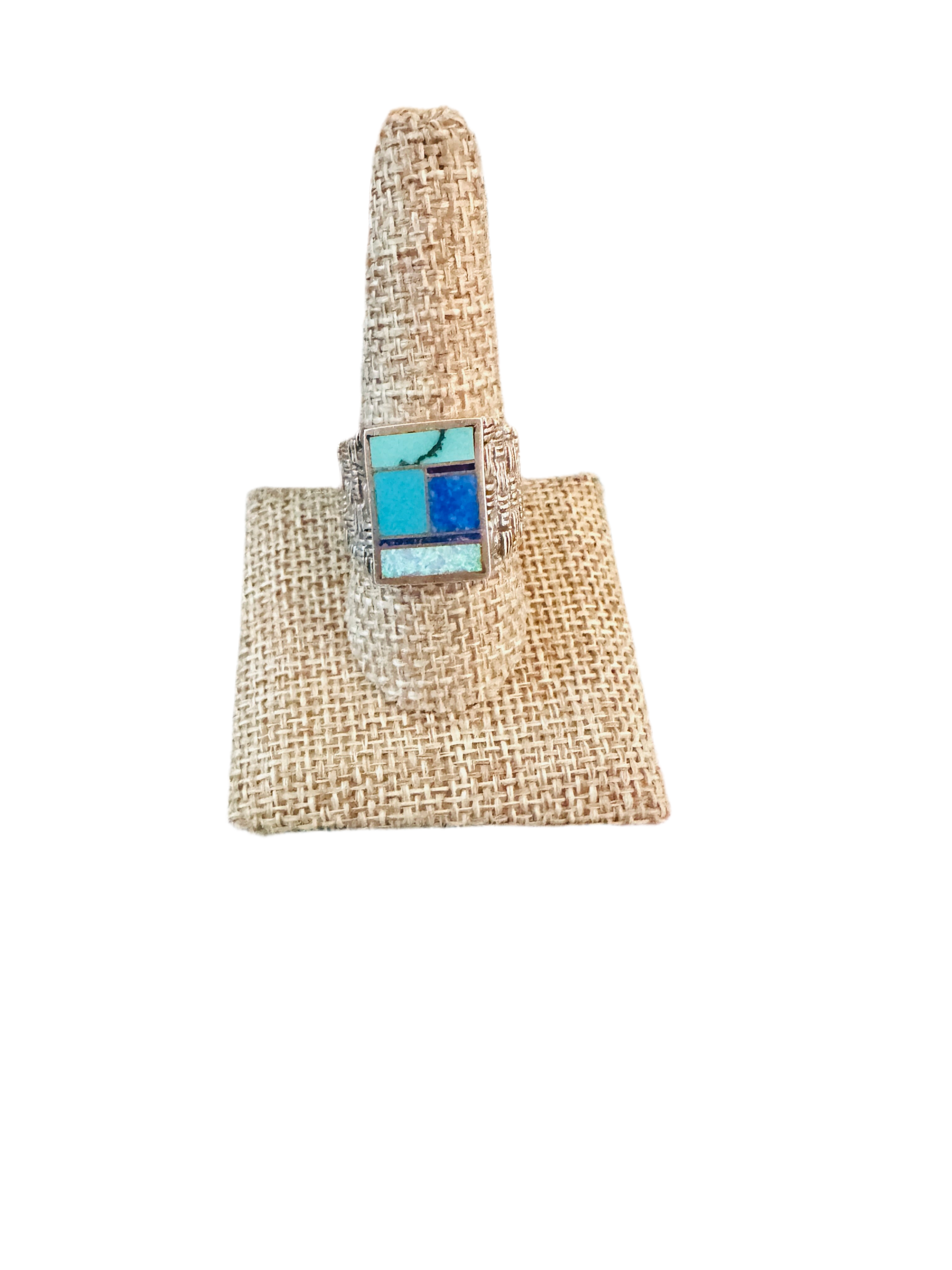 Handcrafted Old Pawn Sterling Silver & Multi Stone Inlay Ring Size 10