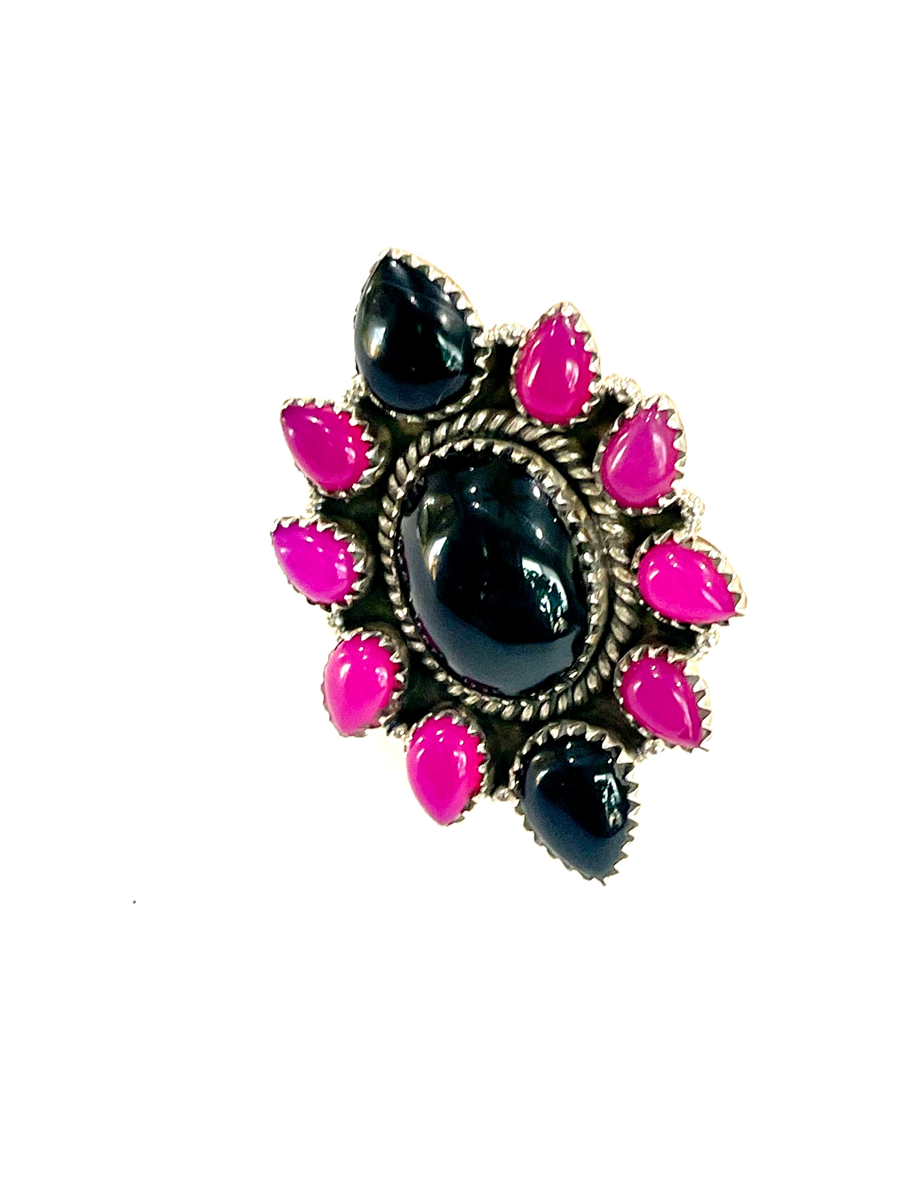 Handmade Sterling Silver, Onyx & Pink Onyx Cluster Adjustable Ring