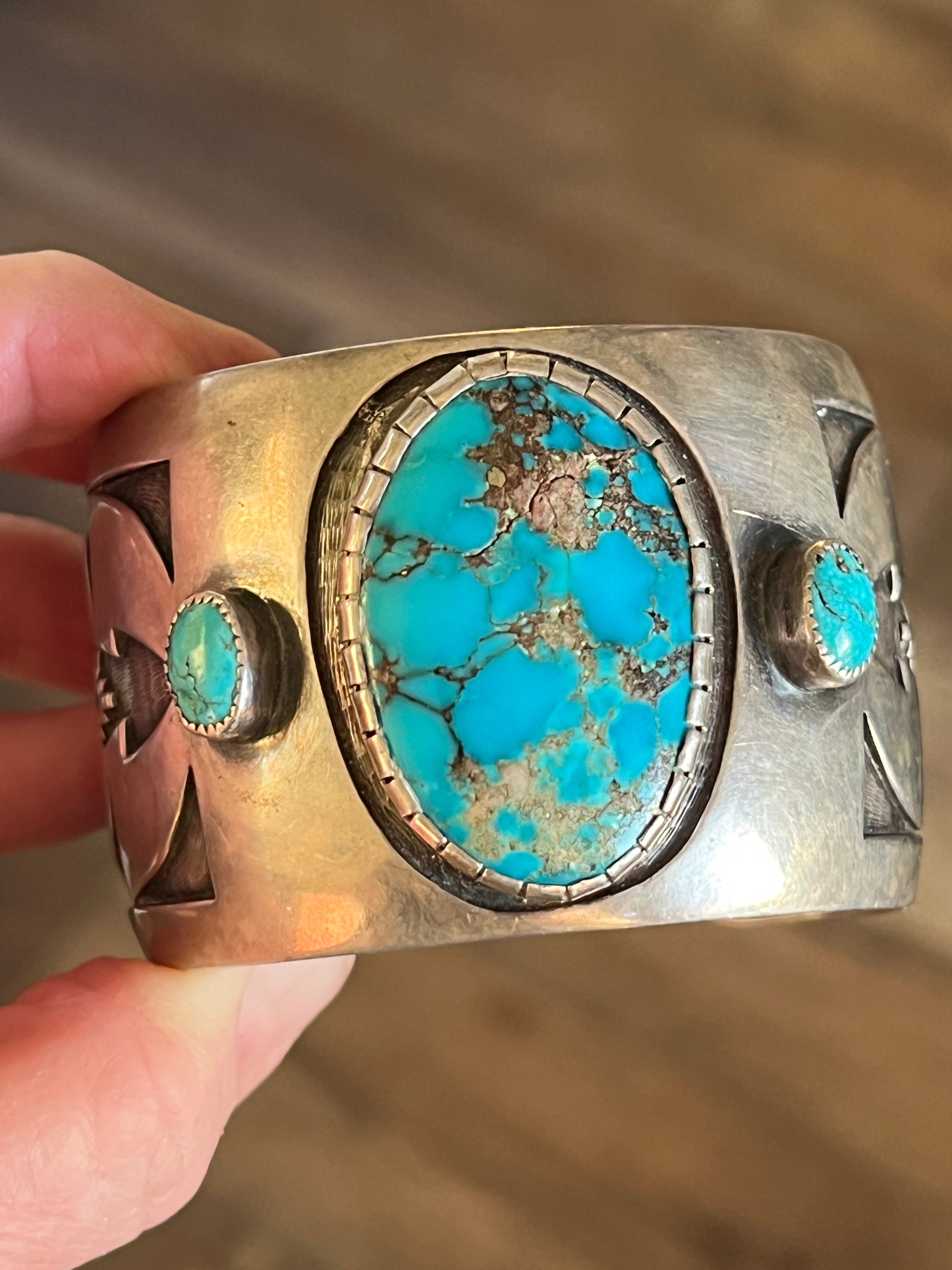 Vintage Old Pawn Sterling Silver and Morenci Turquoise Overlay Cuff Bracelet, Unsigned
