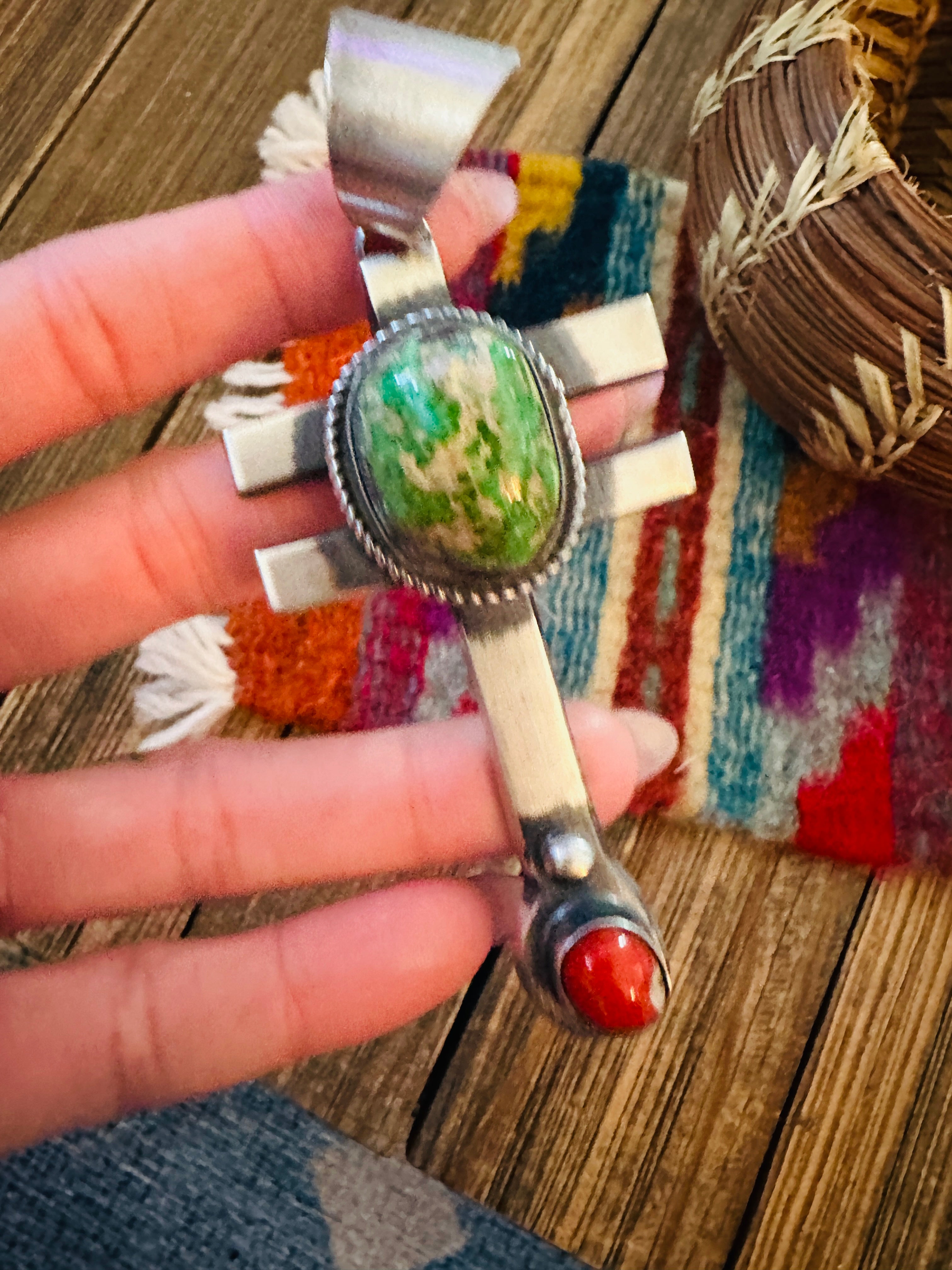 Handcrafted Sterling Silver, Turquoise & Coral Dragonfly Pendant by Chimney Butte