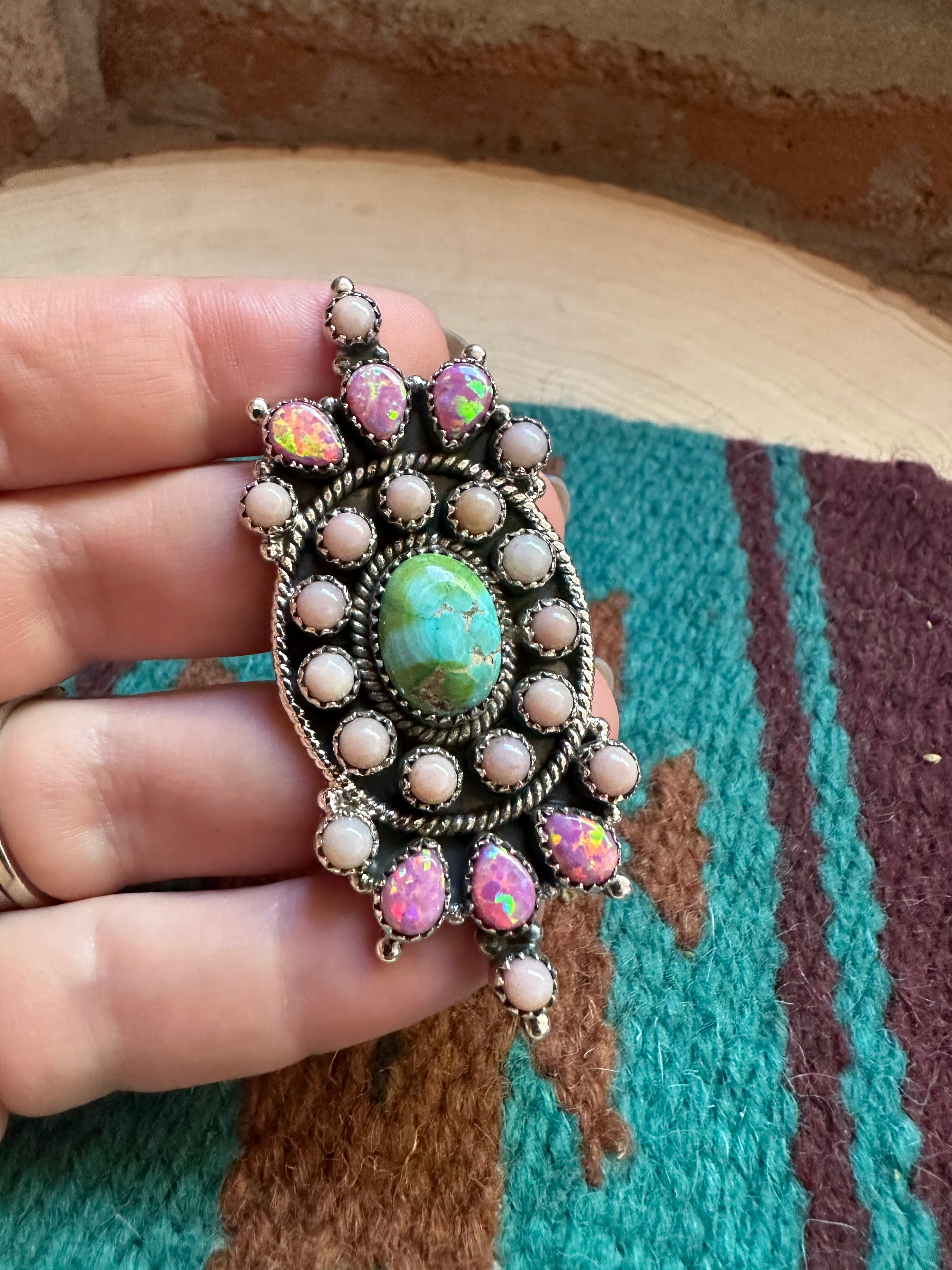 Handmade Sonoran Turquoise, Pink Conch, Pink Fire Opal & Sterling Silver Adjustable Ring Signed Nizhoni