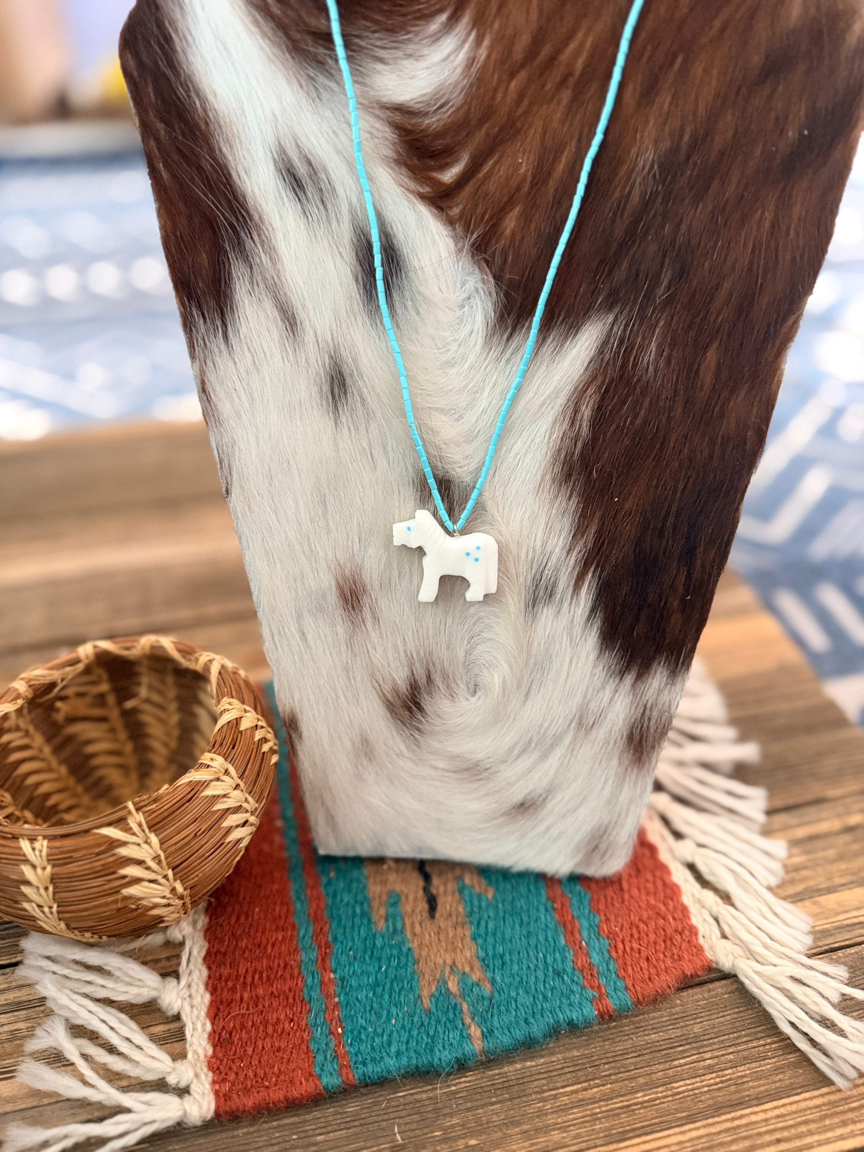 Handcrafted Turquoise & Mother of Pearl Fetish Horse Beaded Necklace