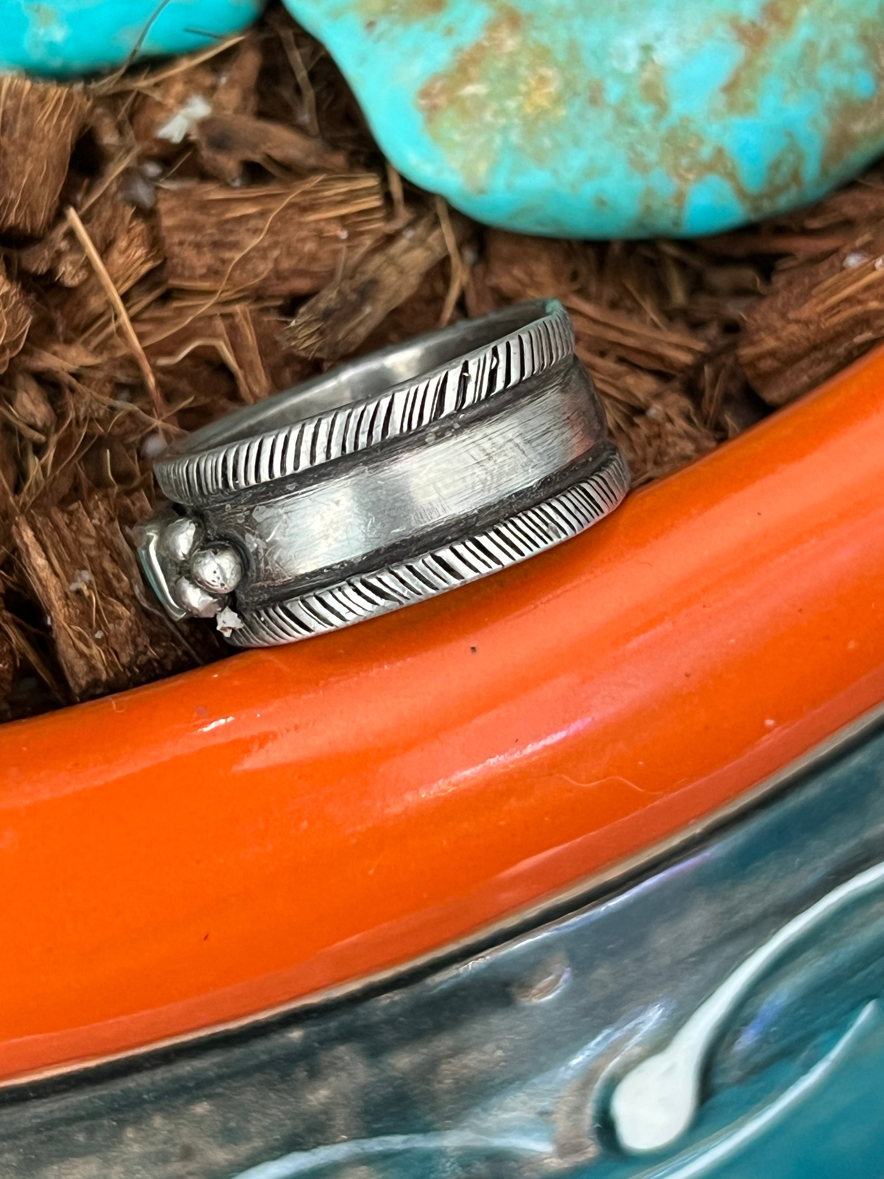 Falcon Trading Company Ingot Sterling Silver and Fox Turquoise Inlay Ring by Joe O’Neill, Size 10