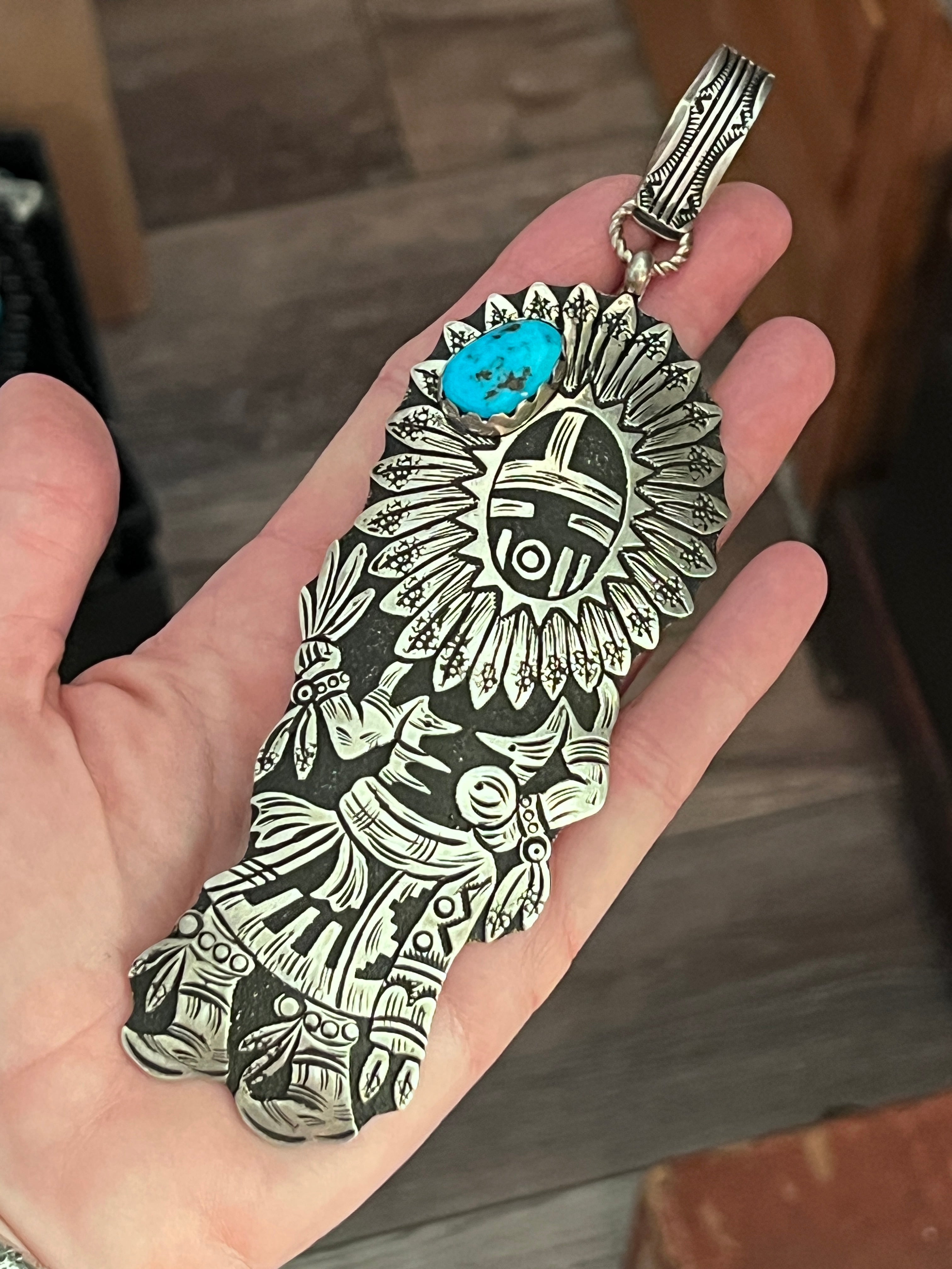 Richard Singer Sterling Silver Sun Dancer Kachina Pendant with Sleeping Beauty Turquoise