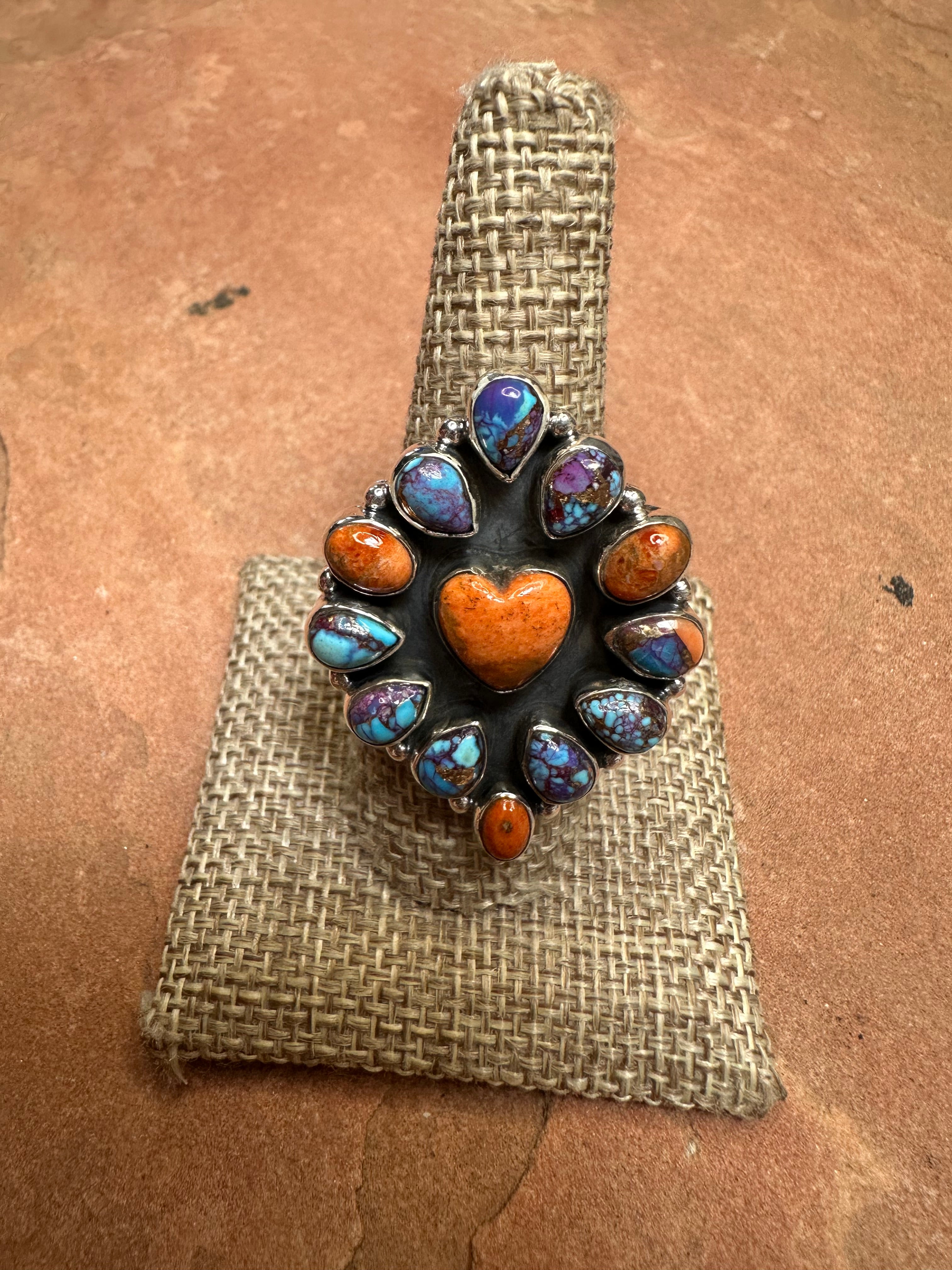 Handmade Purple Dream Mojave, Orange Mojave And Sterling Silver Adjustable Cluster Heart Ring