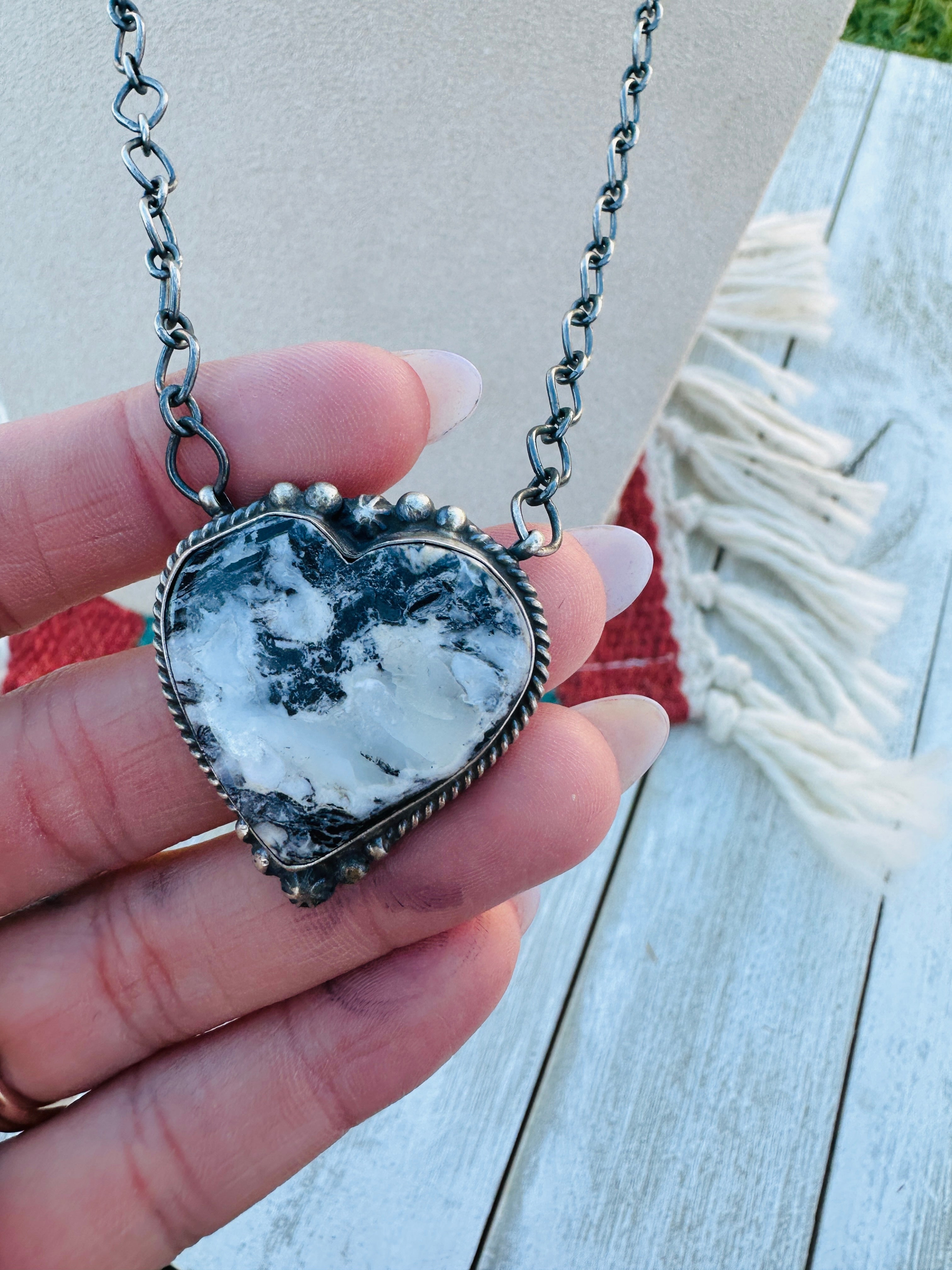 Handcrafted Sterling Silver 18” Link Chain & White Buffalo Heart Necklace