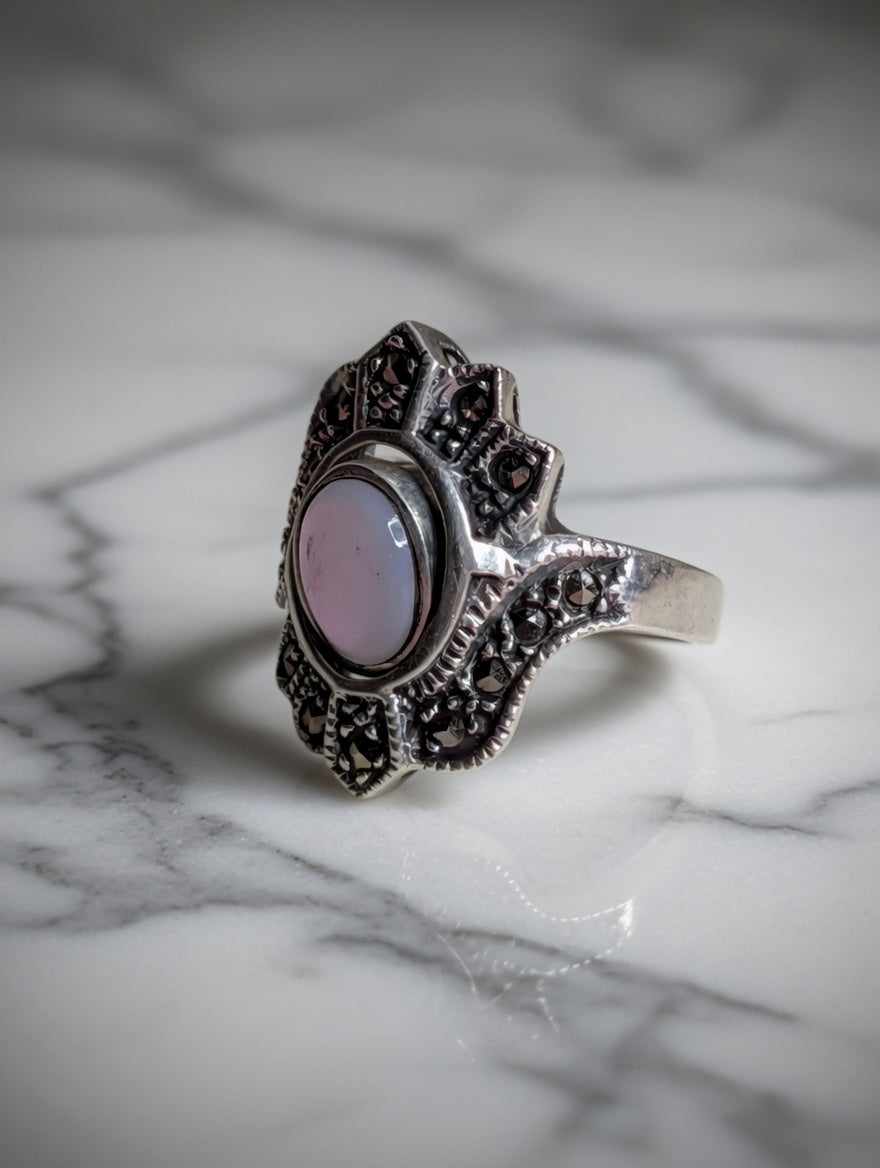 Sterling Silver CZ Rotating Stone With Black Onyx & Mother Of Pearl Etched Ring Size 7