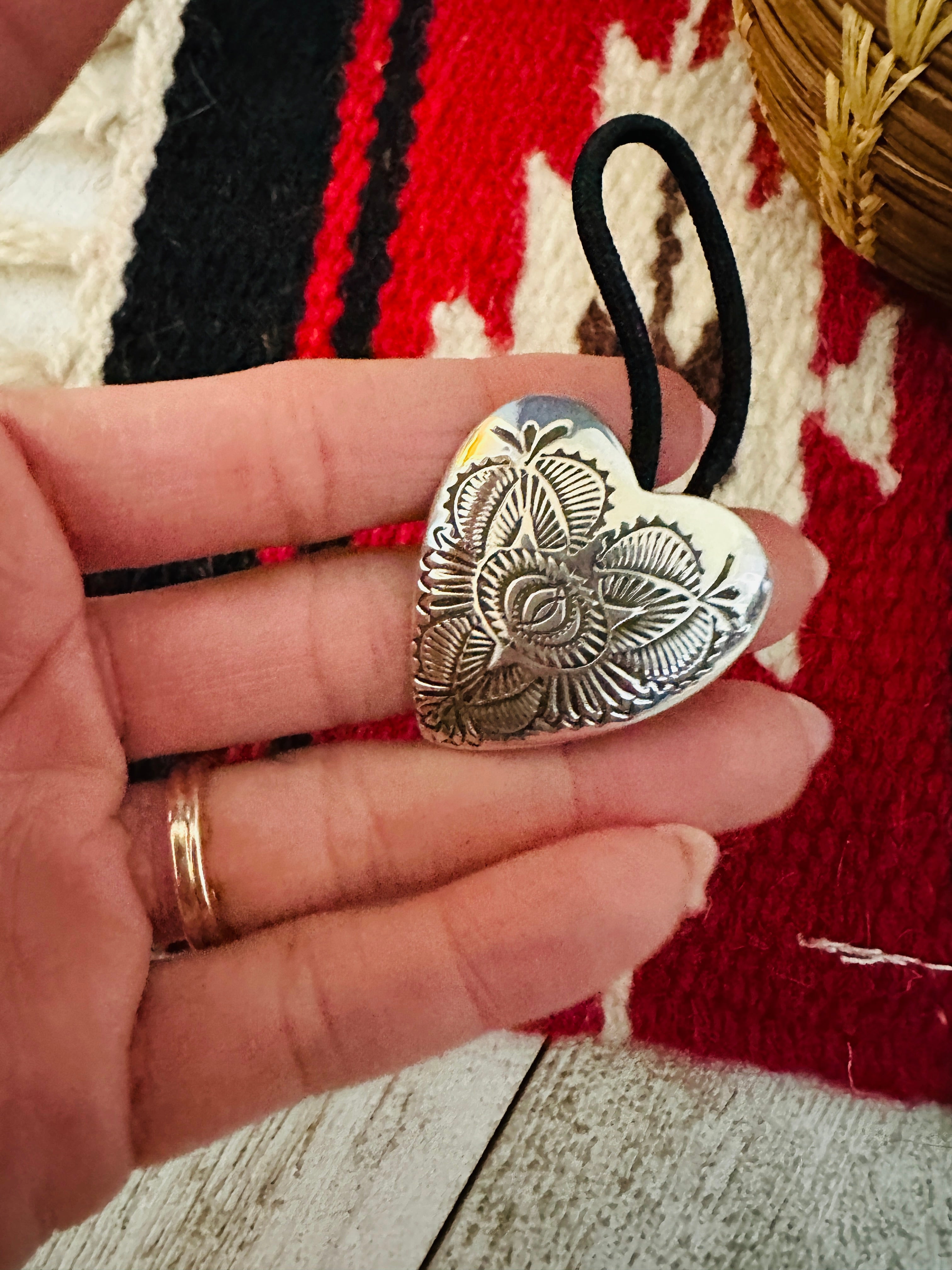 Navajo Hand Stamped Sterling Silver Heart Hair Tie