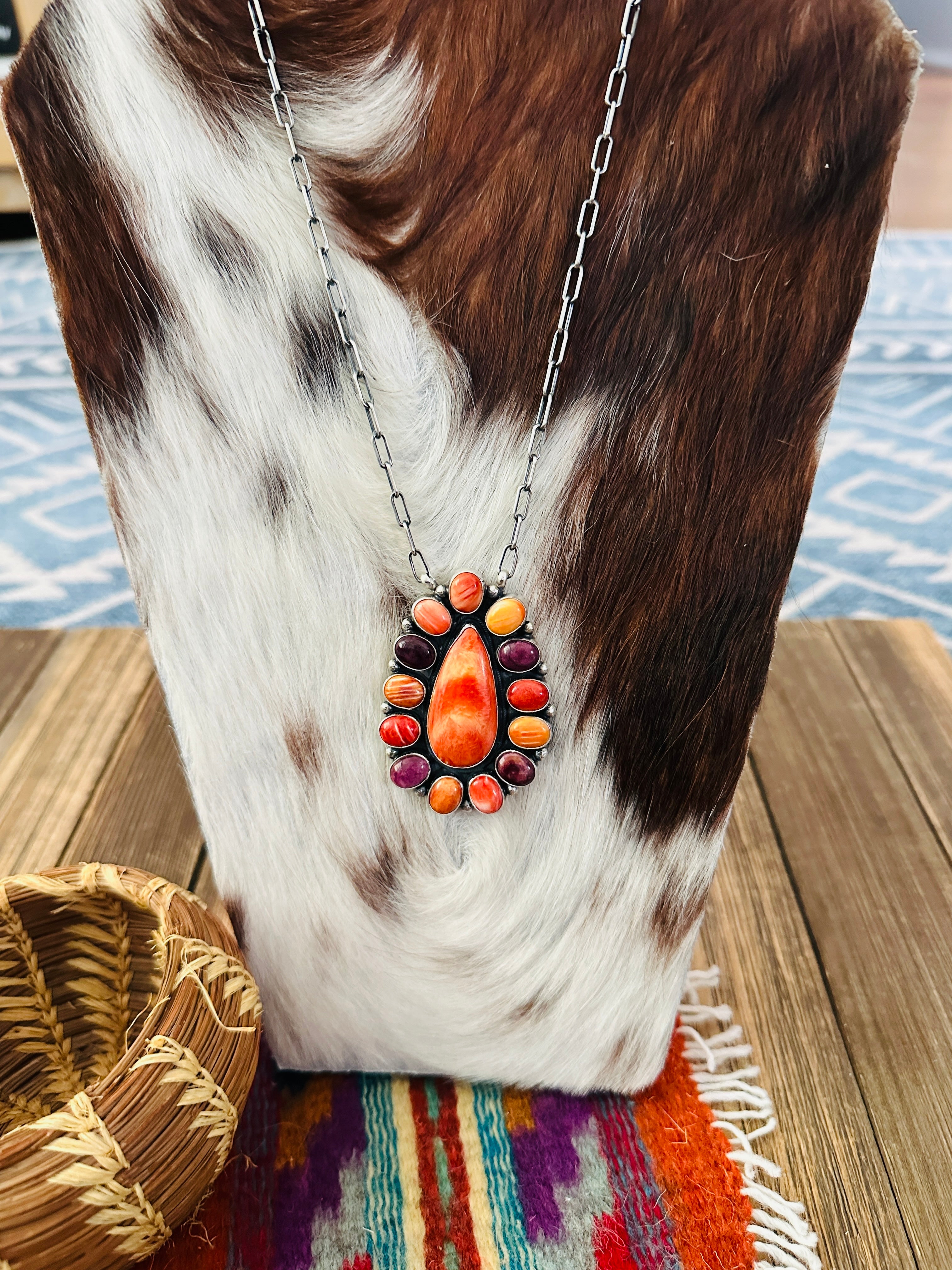 Handcrafted Multicolor Spiny Oyster & Sterling Silver Cluster Necklace by Sheila Becenti