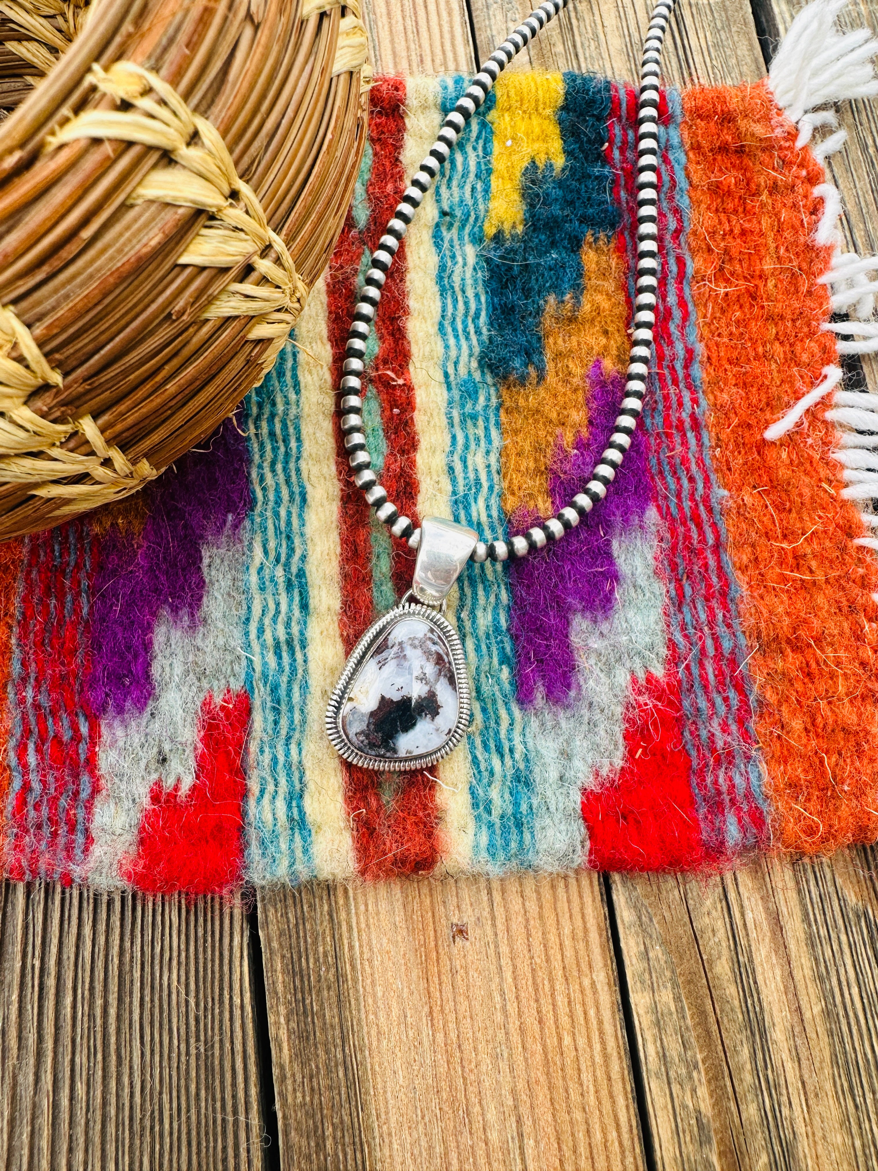 Handcrafted Sterling Silver & White Buffalo Pendant by Wydell Billie