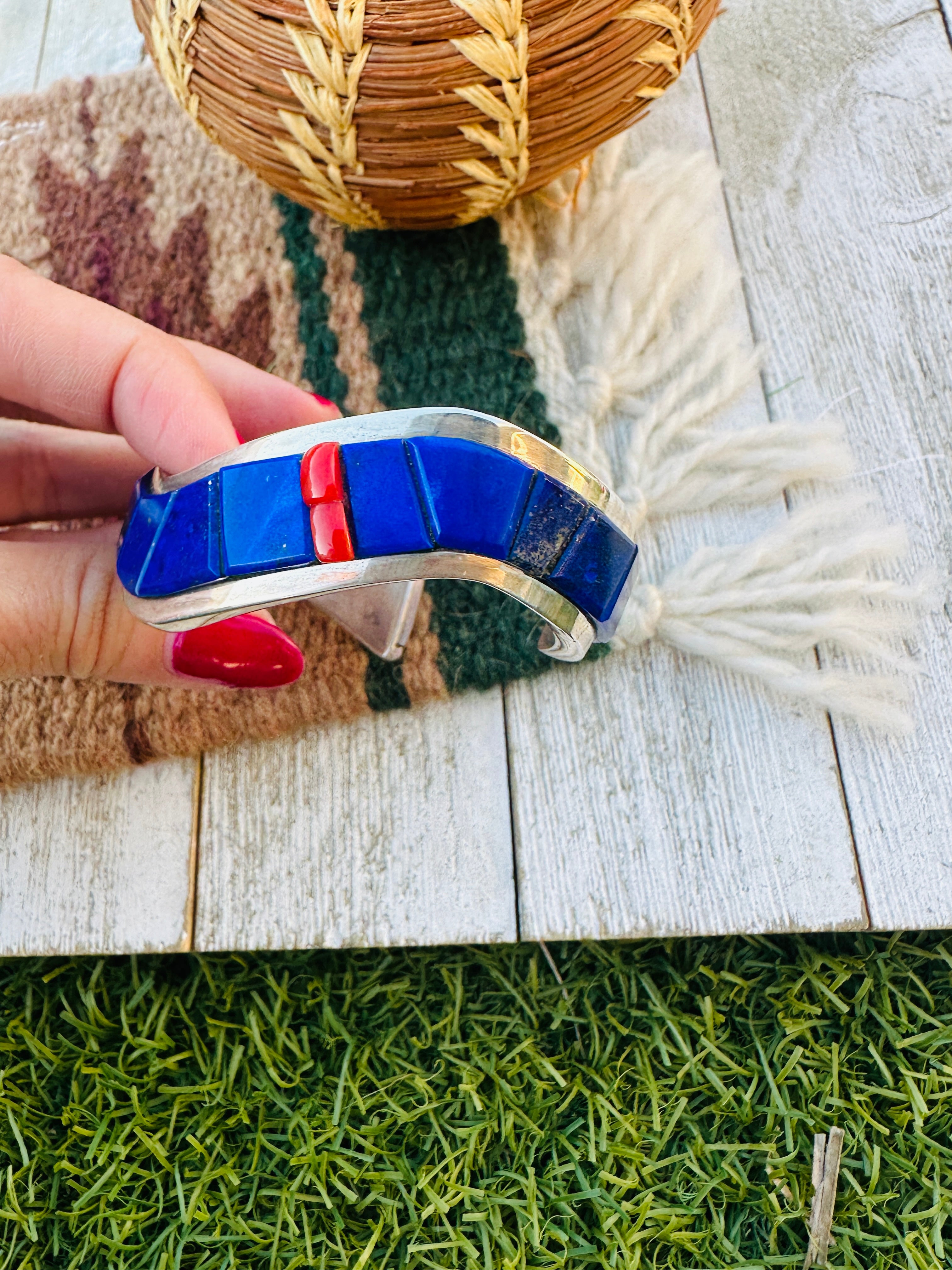 Handcrafted Old Pawn Sterling Silver, Lapis & Coral Inlay Cuff Bracelet by The Dukepoos